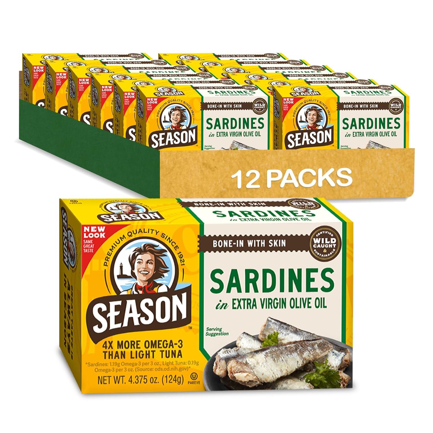 Season Sardines in Extra Virgin Olive Oil - Wild Caught, 22g of Protein, Keto Snacks, More Omega 3's Than Tuna, Kosher, High in Calcium, Canned Sardines - 4.37 Oz Tins, 12-Pack