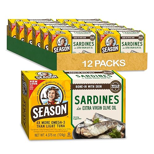 Vista 66 de Season Sardinas enérgicas en aceite de oliva virgen extra, capturadas en la naturaleza, 0.45 onzas de proteína, bocadillos Keto, más Omega 3 que