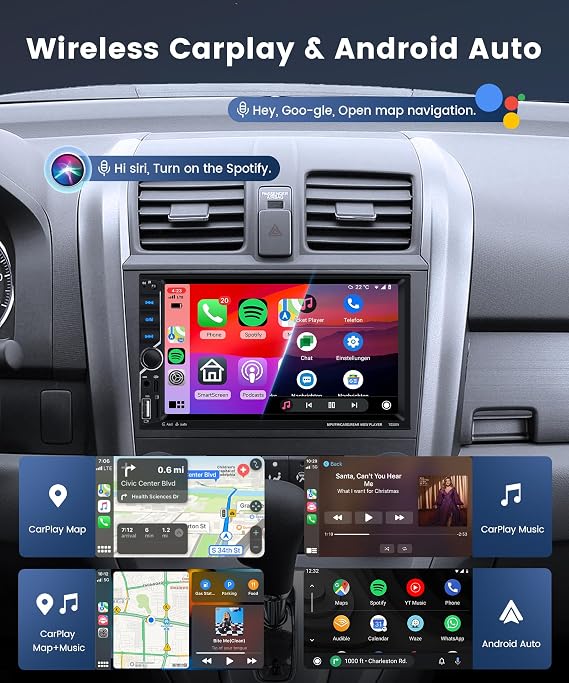 Double Din Car Stereo with Wireless Carplay Android Auto BT5.1