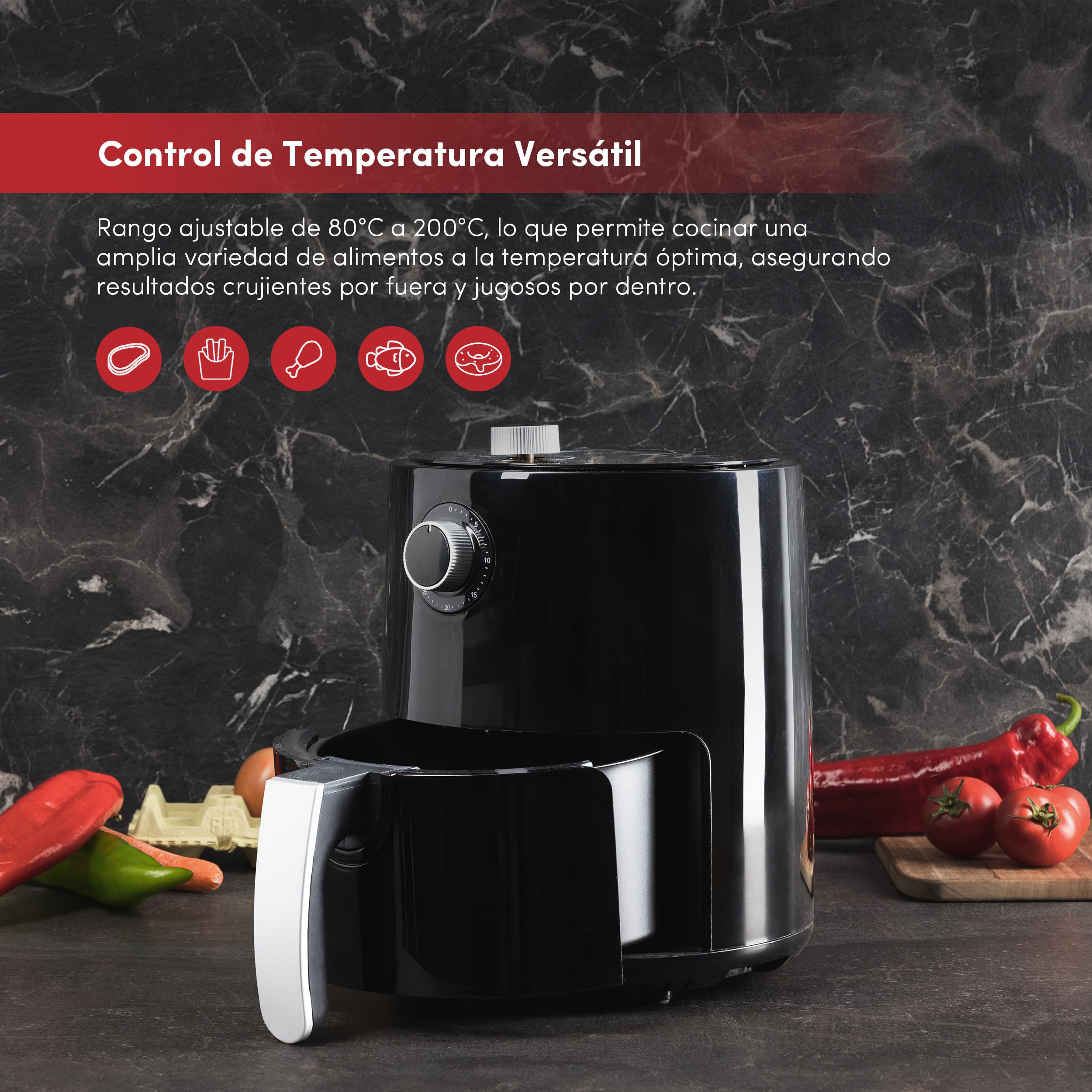 Freidora de aire 2.5L 1200W con temporizador de 30min y mango antideslizante SwissHome