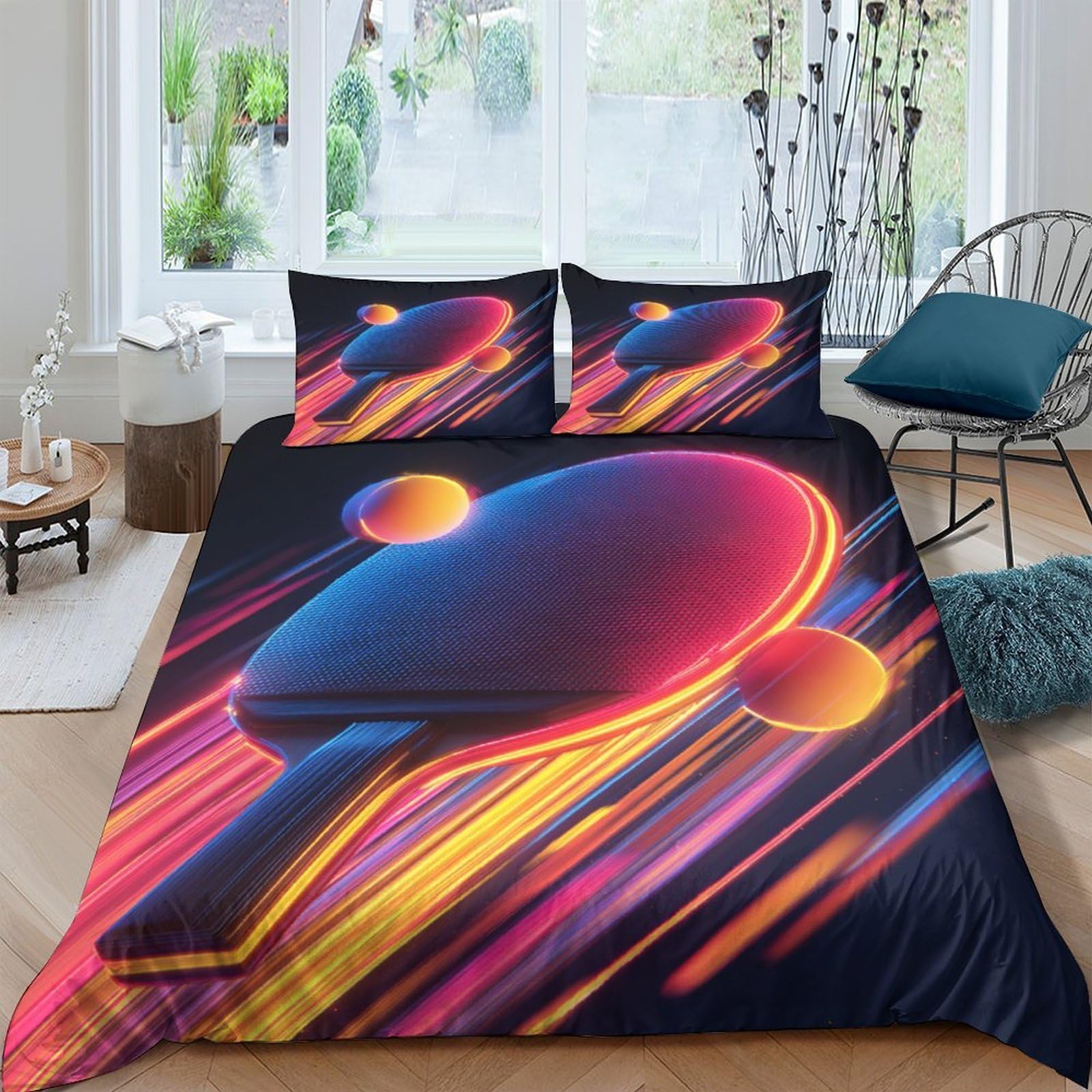 Ctjqhvkz Style-1 3D Printed Neon Table Tennis Fitted Sheet Microfiber Soft Breathable Abstract Racket Bed Cover Bedroom Decor Single（135X200cm）