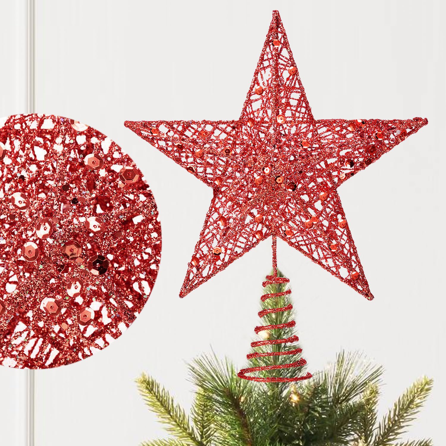 Déco Sapin De Noël Cimier Étoile En Rotin Avec Baies Rouges Enneigées - Décoration de fête Déco Sapin De Noël Cimier Étoile En Rotin Avec Baies Rouges Enneigées - Décoration de fête