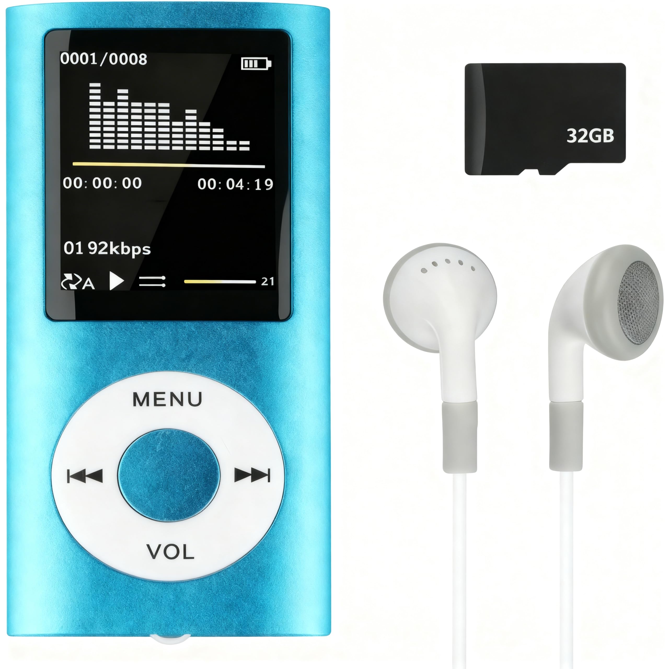 Lecteur de Musique HiFi Portable sans Perte MP3/MP4 avec 1.8 Pouces Écran LCD et Lecteur de Carte Mémoire, 32GB, Bleu