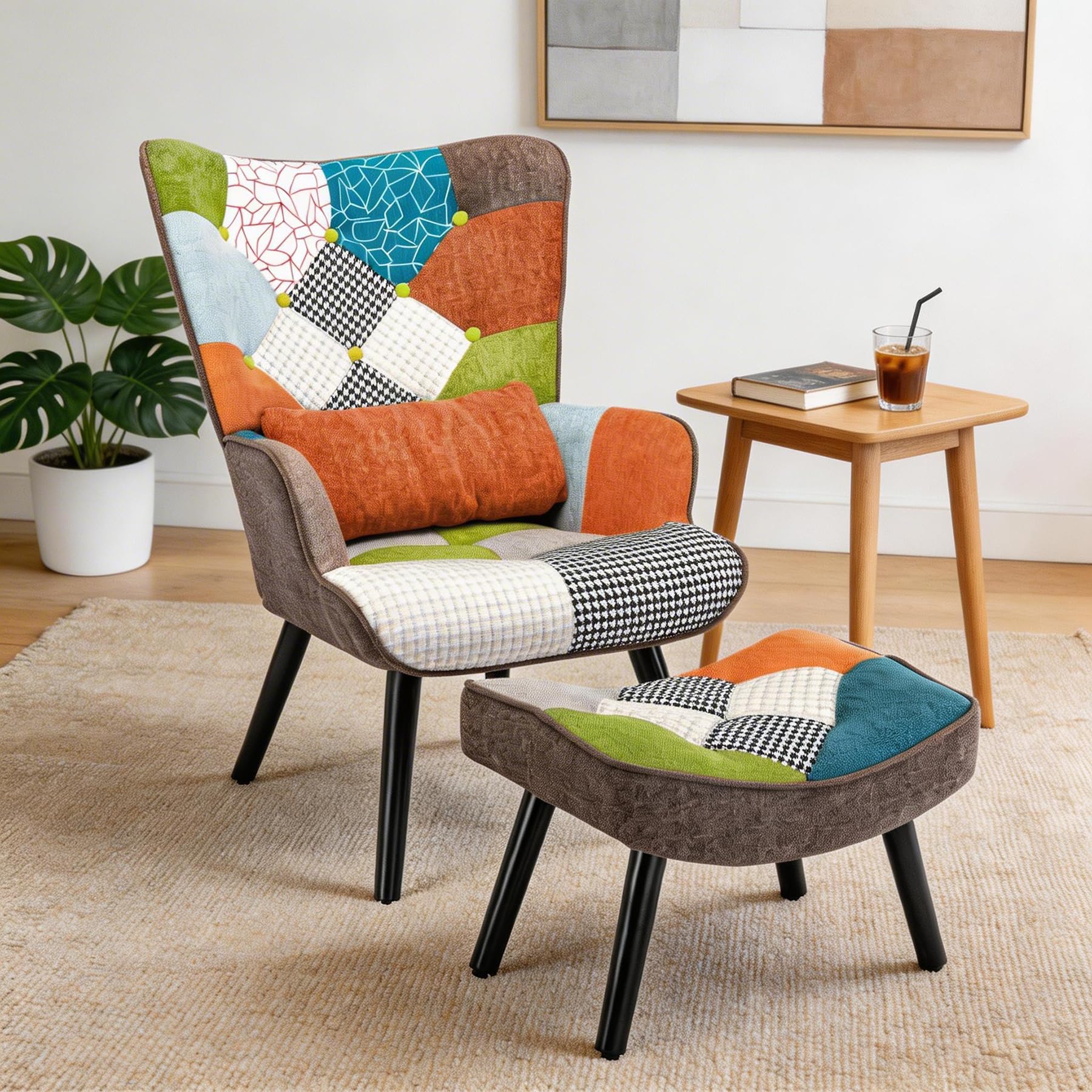 Relaxsessel mit Hocker&Lendenkissen, Patchwork Ohrensessel Orange, Leinen Loungesessel Massivholzfüße, Moderner Sessel für Wohnzimmer Schlafzimmer, Frühjahrsangebot Frühjahrsdekoration