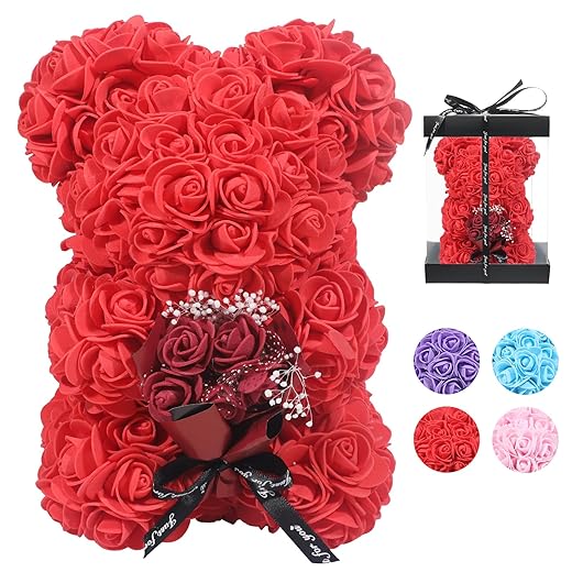 Valentines Day Gifts for Her, Rose Flower Bear -10inch Rose Teddy Bear - Over 250 Dozen Flowers - Gifts for mom, Birthday Gifts for Women, Girlfriend Gifts- w/Clear Gift Box(Burgundy)
