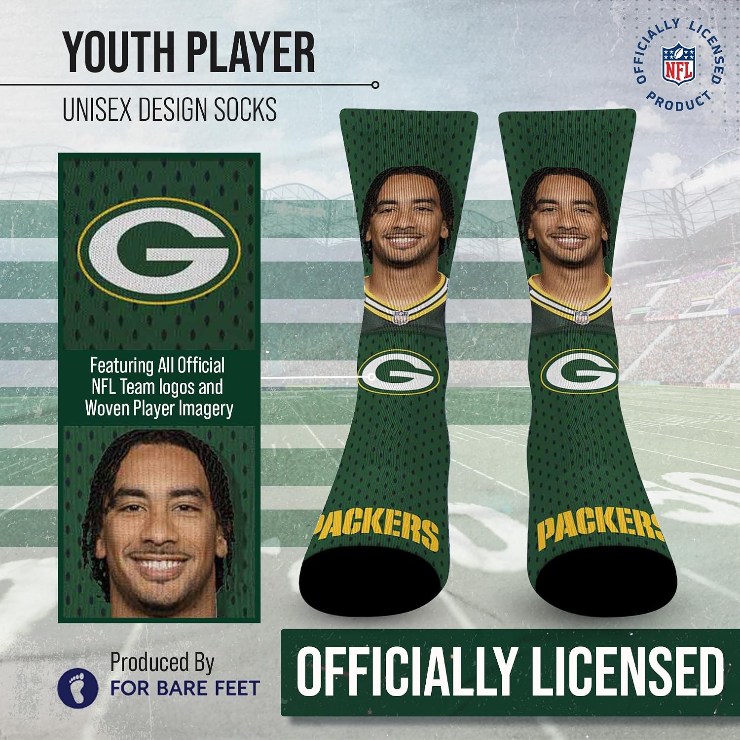 For Bare Feet NFL Youth Roster Player Crew Socks, Premium Boys & Girls Football Sock, Officially Licensed