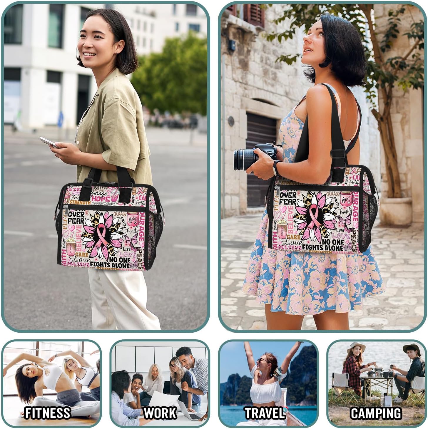 84hoods Breast Cancer Awareness Gift. Large Lunch Box for Women. Insulated Lunch Bag for Work Office Travel Picnic with Adjustable Strap. Support for Survivor, Fighter. Pink Typography.