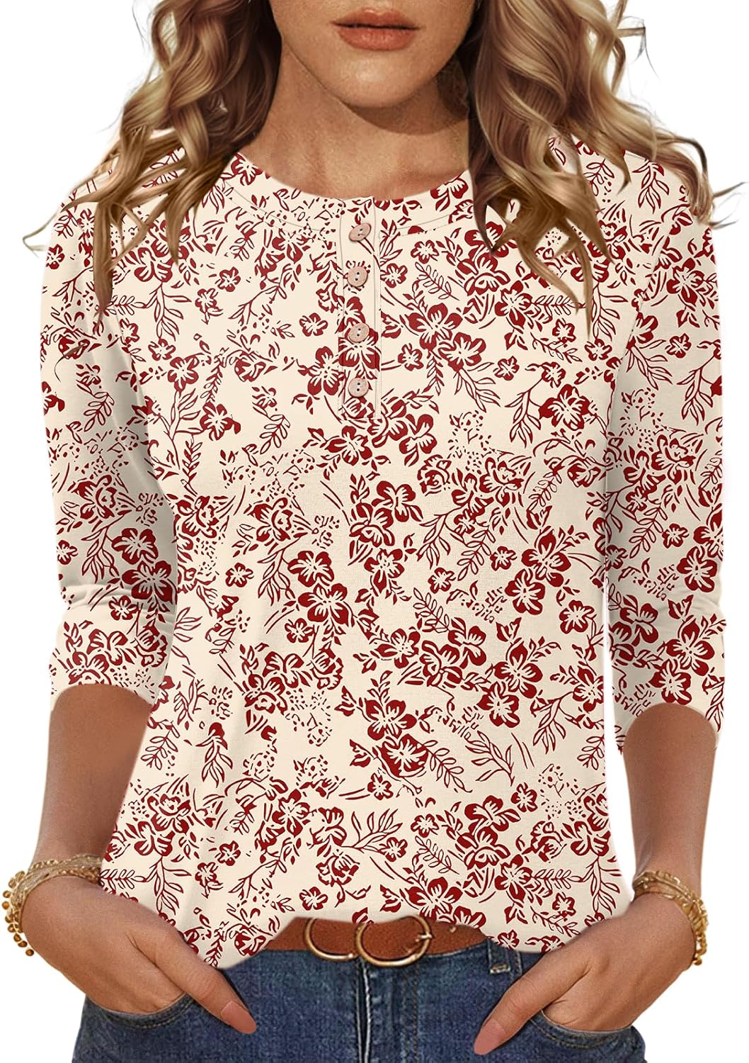 LOMON 3/4 Length Sleeve Womens Tops Dressy Casual Crewneck Pullover Tunics Summer Cute Blouses Fashion 2025 Tees Shirts - Image 2