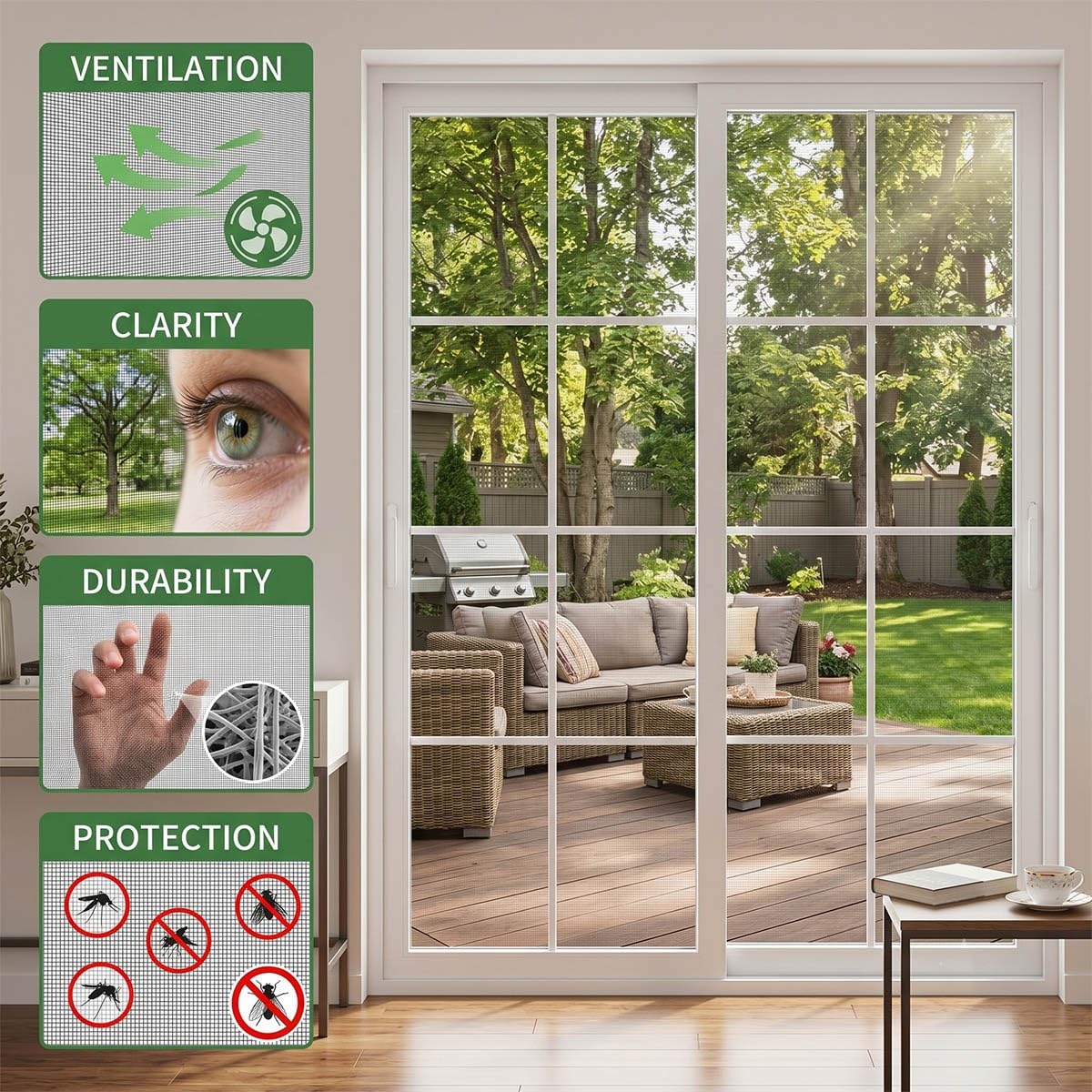Mosquiteras para Ventanas y Puertas, Malla Mosquitera Fibra de Vidrio Anti Mosquitos, Red Mosquitera Ventana con Cinta Adhesiva de Gancho y Bucle Sin Taladrar(White,59x110in)
