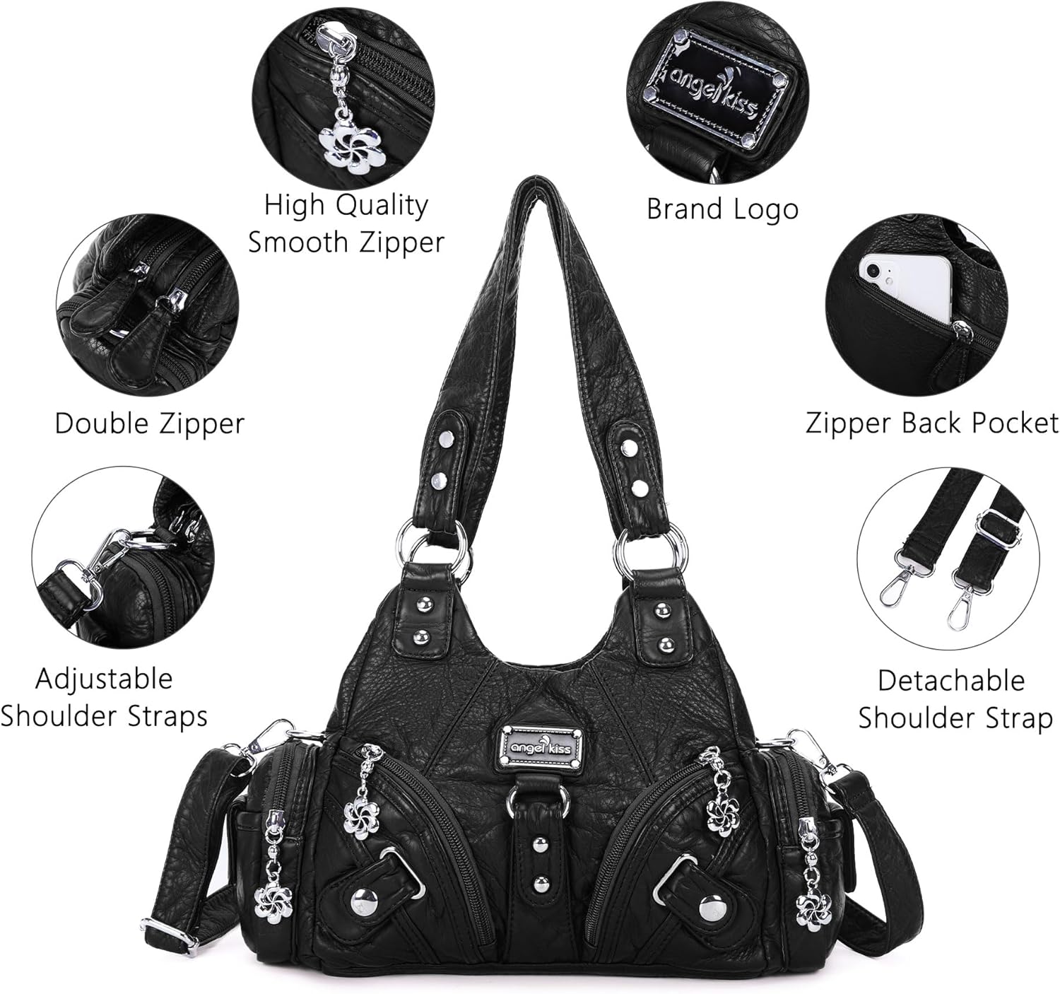 Angel Kiss Purses for Women Small Hobo Shoulder Bags Vagen Leather Multi-Pocket Tote Bag with Zipper - Image 5