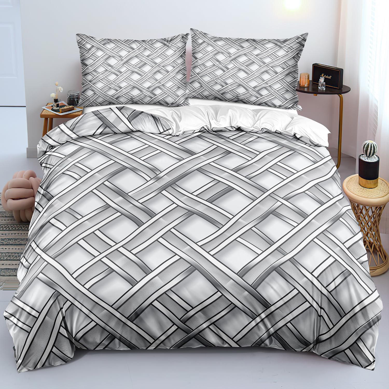 Housse de couette 260x240 grise et blanche à rayures géométriques pour lit double moderne