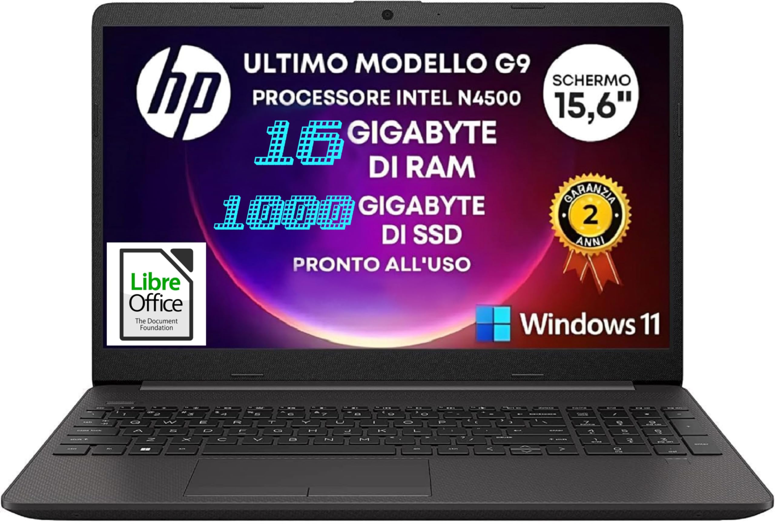 HP Notebook 250 G9, Display Laptop HD 15,6", CPU Intel Celeron N4500 2,8GHz Max, Ram 16GB DDR4, SSD NVMe 1000GB (1TB), Windows 11 Pro, Portatile Pronto all'Uso