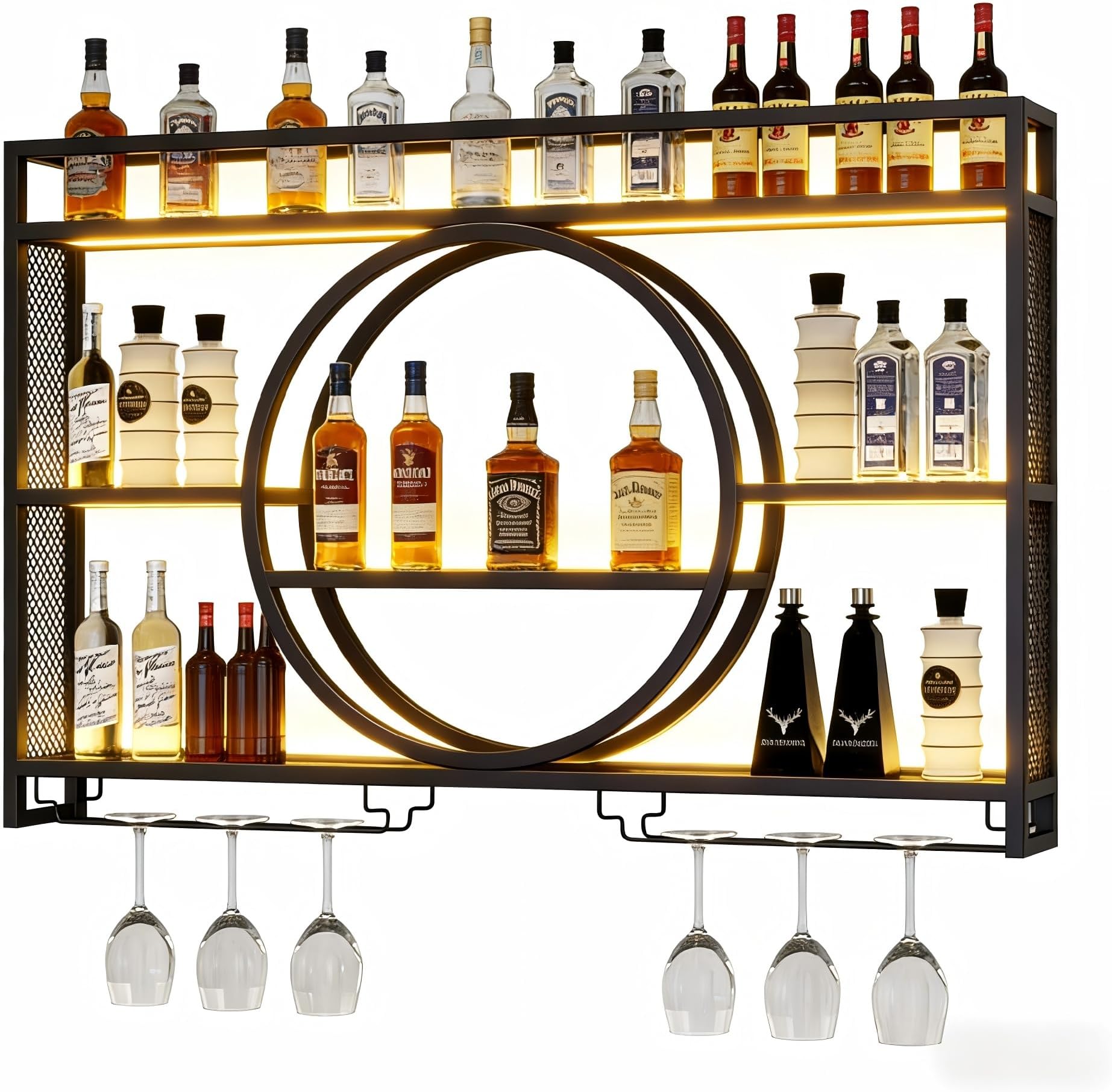 Wall Mounted Wine Rack with LED Light, 39.4" Bar Shelves and Glass Holder, Industrial Metal Bar Shelf Wall Mounted Wine Rack for Kitchen, Bar, Dining Room (Black, 100cm/39.4in)