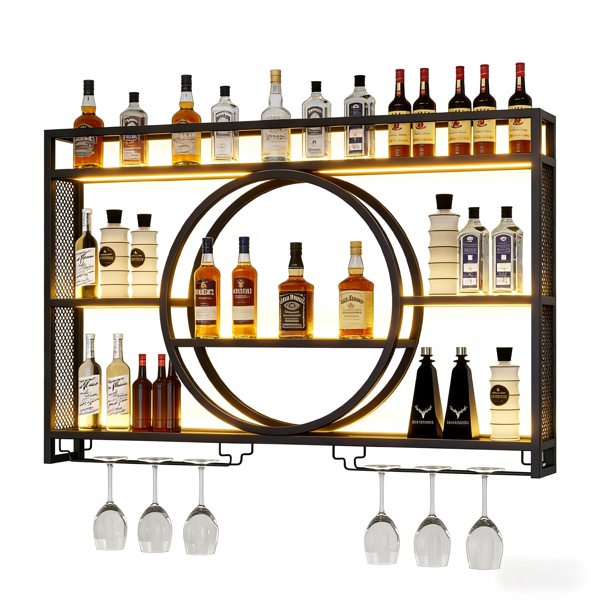 Wall Mounted Wine Rack with LED Light, 39.4" Bar Shelves and Glass Holder, Industrial Metal Bar Shelf Wall Mounted Wine Rack for Kitchen, Bar, Dining Room (Black, 100cm/39.4in)