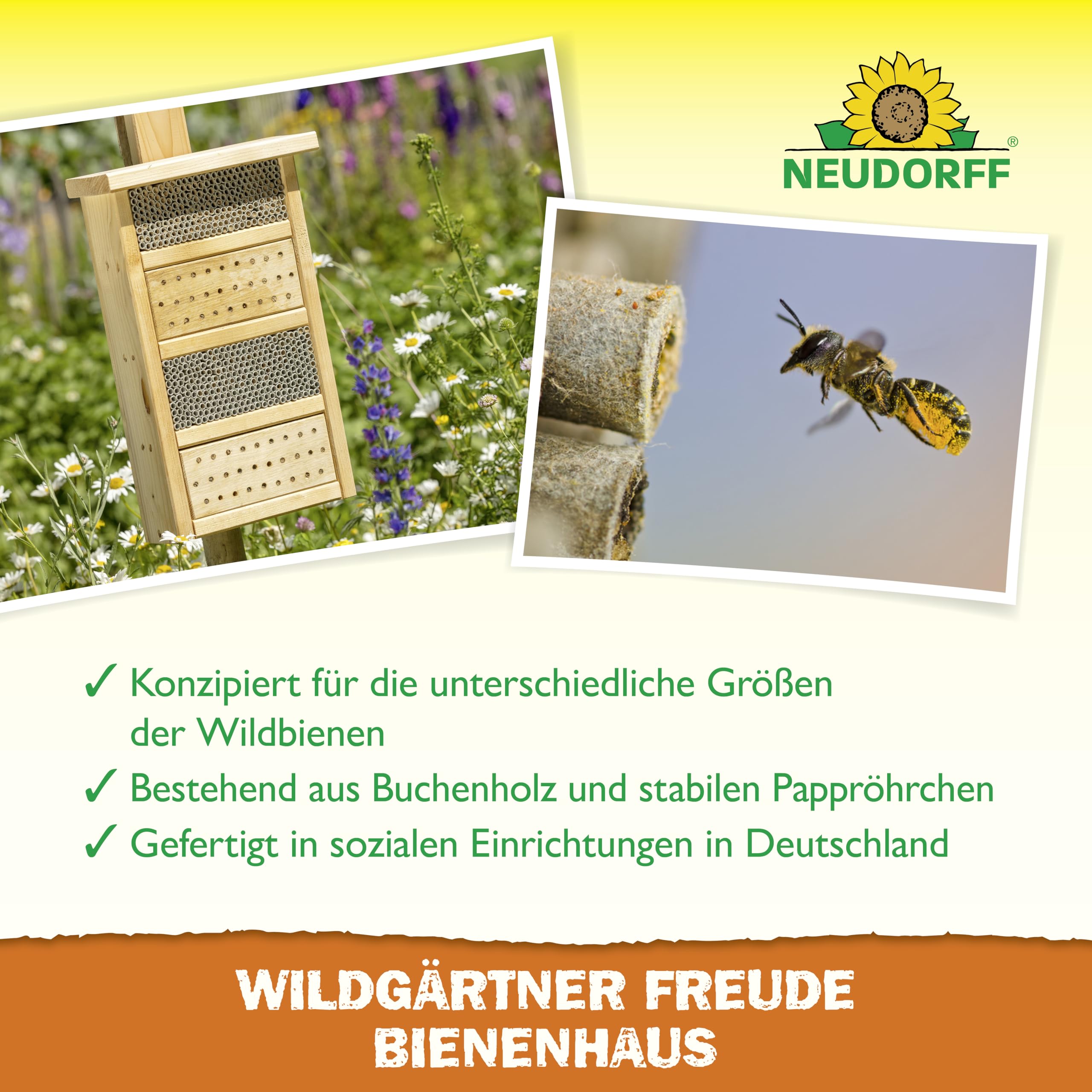 Neudorff Wildgärtner Freude apiario – Fatto a mano per api selvatiche da appendere e appoggiare, resistente alle intemperie, 1 pezzo
