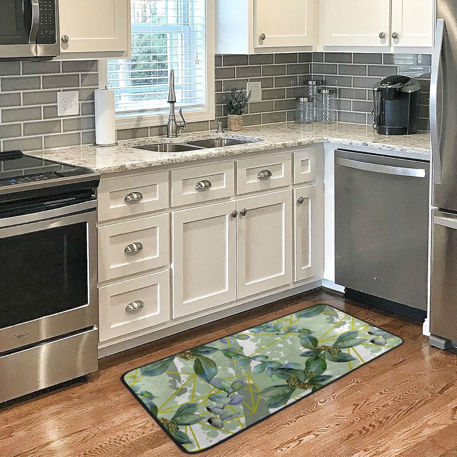 Yellow Poplar Leaves Kitchen Mat Green Kitchen Rugs Floor