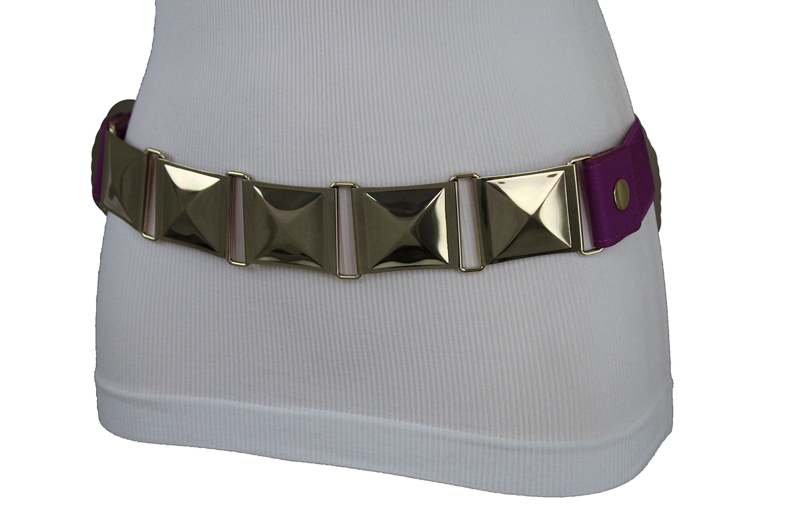 TFJ Women Fashion Elastic Belt Hip High Waist Gold Metal Square Buckle S M Purple