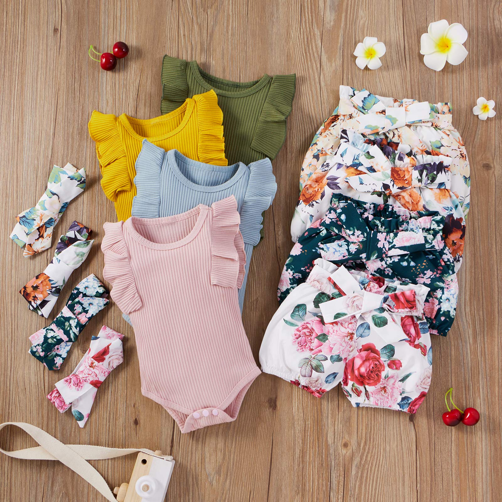 Ledy Champswiin Summer Newborn Baby Girl Floral Clothes Set Infant Ribbed Sleeveless Outfit Solid Ruffle Bodysuit Tops+Shorts+Headband 3PCS (Sleeveless Green, 6-12 Months)
