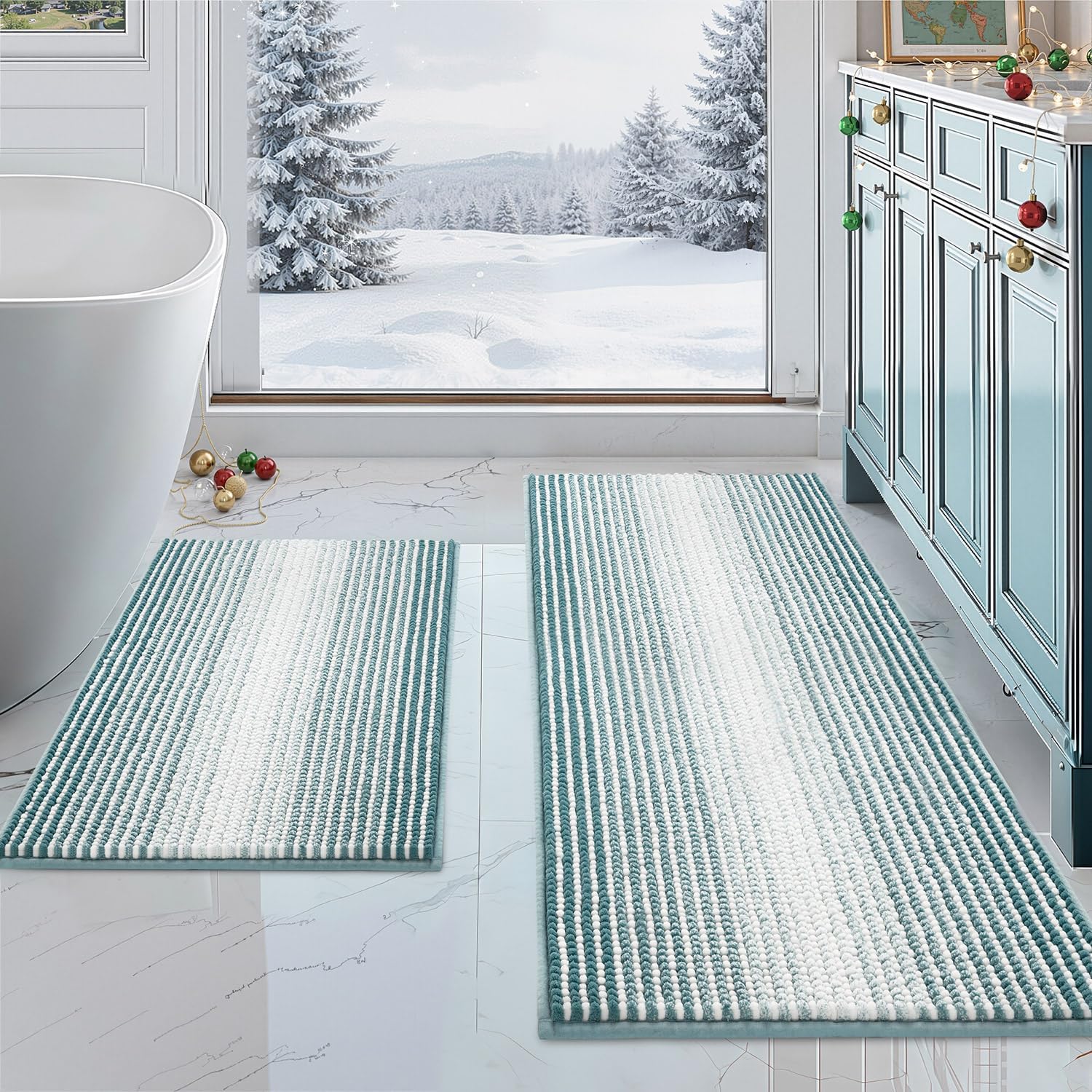 BSICPRO Bathroom Rugs and Mats Sets, 2 Piece Thick Absorbent Chenille Non Slip, Soft Shaggy Floor Mats, Machine Washable (Sea Green, 20" x 47" Plus 16" x 24") 20" x 47" Plus 16" x 24" Sea Green