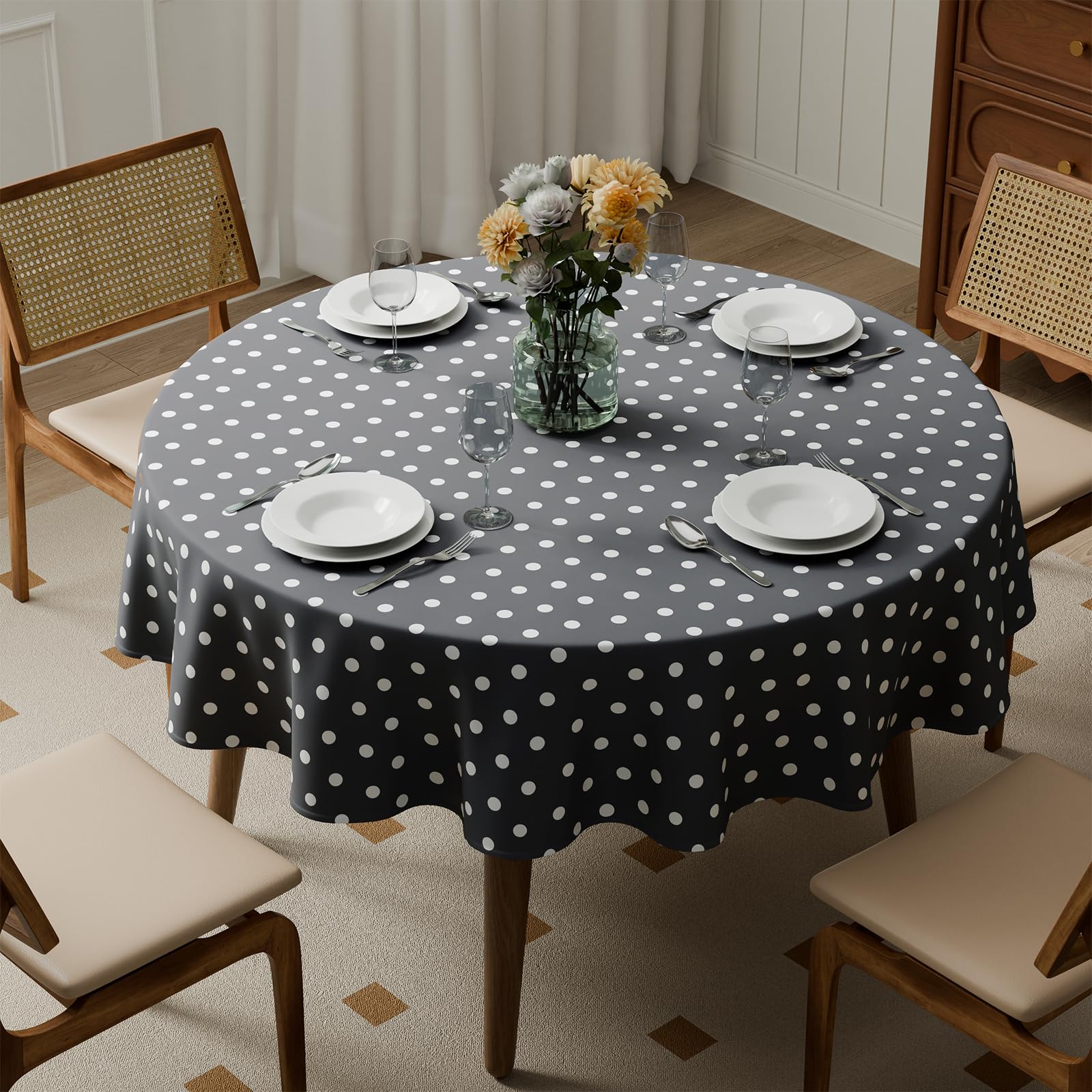 Kmhesvi Round Wipe Clean Tablecloth Table Cover 140 cm 55.1 inch Wipeable Water Resistant Polyester Tablecloth, Polka Dot Grey White