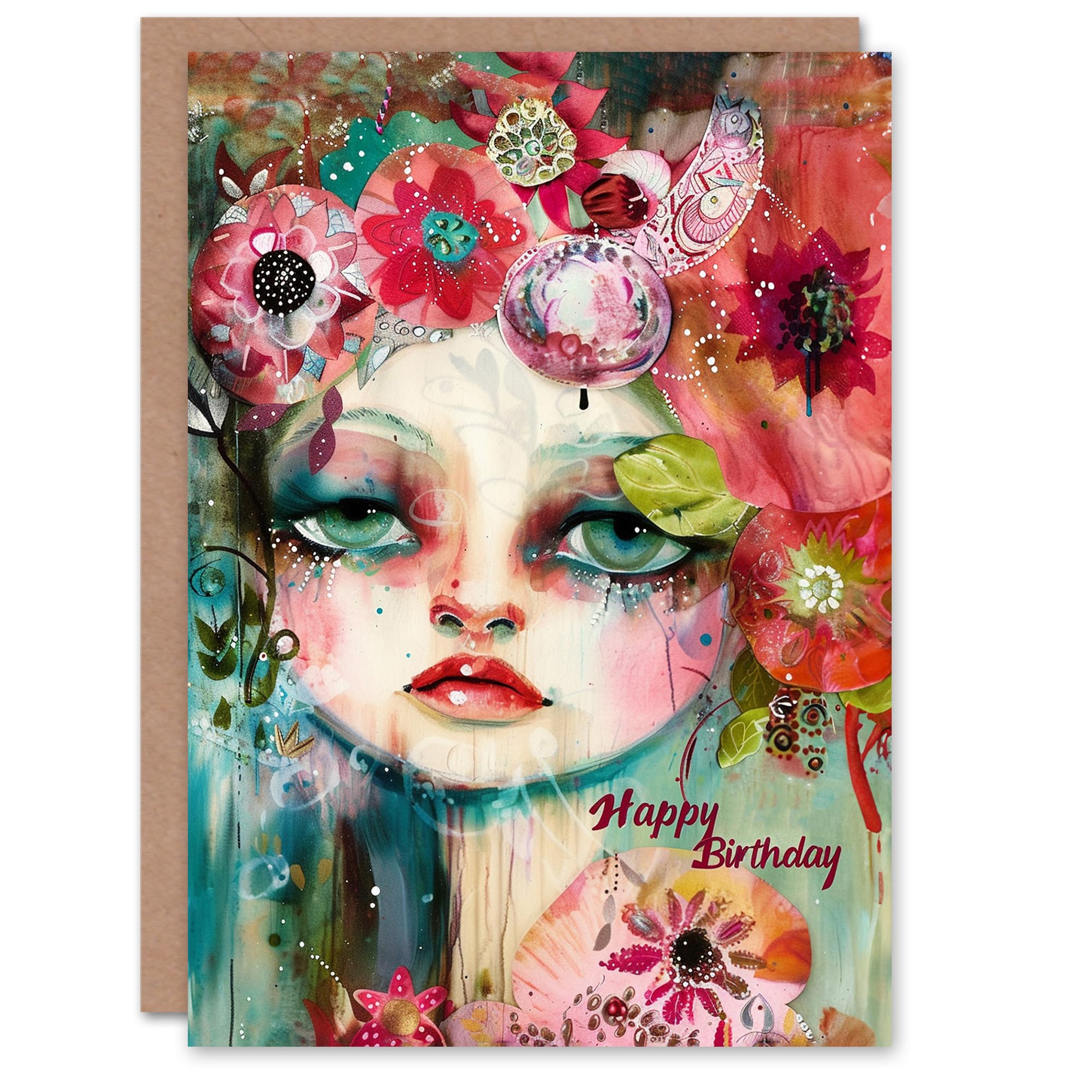 Artery8 Birthday Card Colourful Weird Doll Face Trippy Girl Floral For Her Gran Sister Niece Daughter Wife Woman Greeting Card