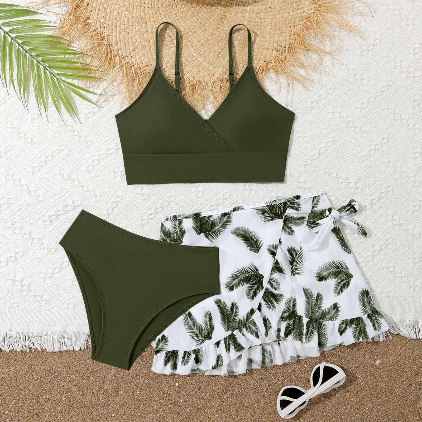 3 Stück Badeanzug Mädchen Bademode Set Mit Einfarbig Bikini Tops Rüschen Blumenmuster Rock Triangel Slips Badeanzug Jugendliche Kinder Sportlich Arena Dünne Schultergurt Badeanzug