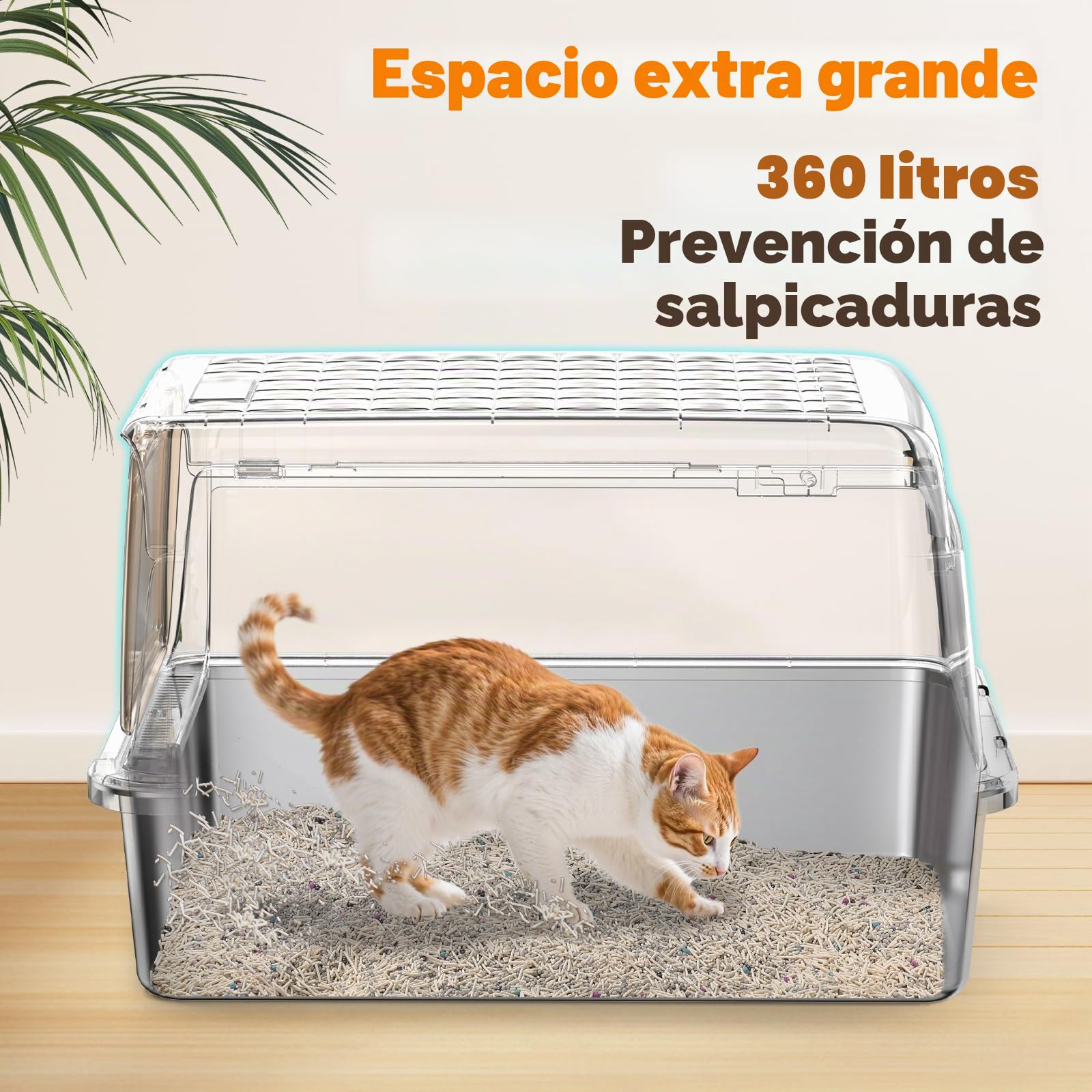 Rywell Arenero Gato Acero Inoxidable XXL, Tapa 120° para una Limpieza Fácil, Caja de Arena Cubierto, 3 en 1 Arenero Gato Bordes Altos con Pala