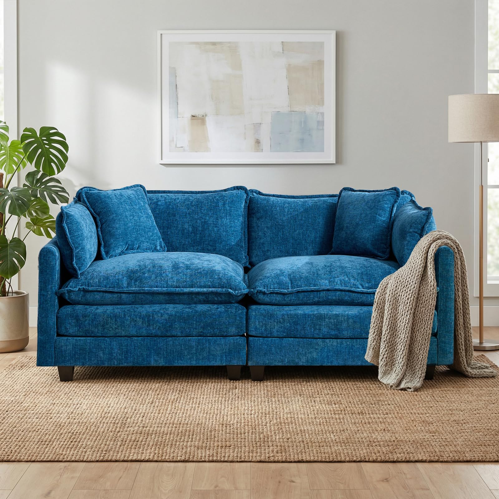 SoarFlash Canapé modulable 2 Places 198 cm, Chenille Bleue, Double Coussins | Tissu doux, résistant et respirant, fourni avec coussins et accoudoirs. Idéal pour salon, chambre et appartement.