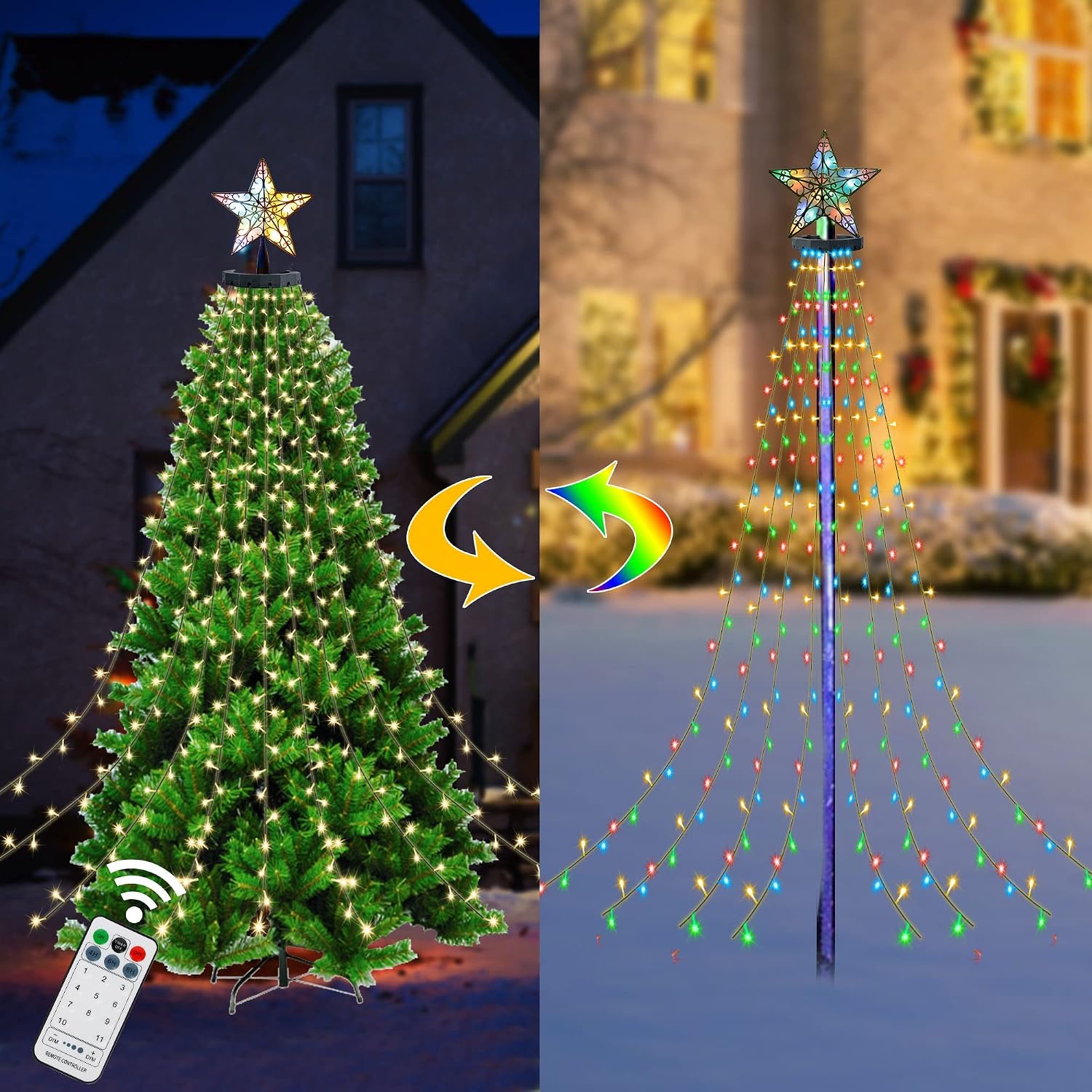 WATERGLIDE Christmas Tree Lights with Star Topper, 300LED with 11 Lighting Mode, 6.6ft x 12 String Lights Warm White & Multicolor with Remote for Christmas Decorations, Indoor/Outdoor Xmas Tree Decor