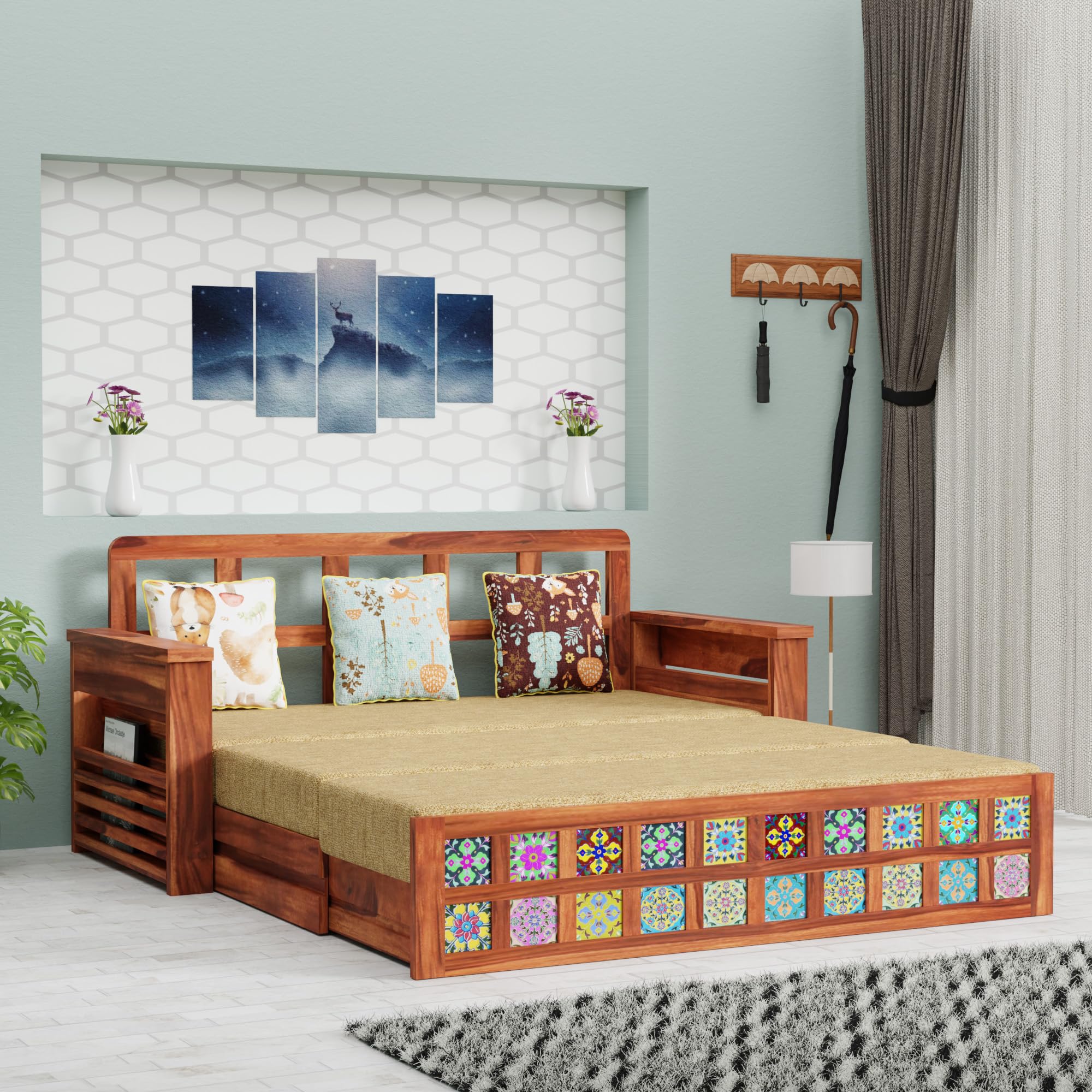 Krishna Wood Decor Solid Sheesham Wood Convertible 3 Seater Sofa Cum Bed with Headboard and Storge Armrest, Folding Double Bed with Mattress for Home Living Guest and Office Areas, Brown