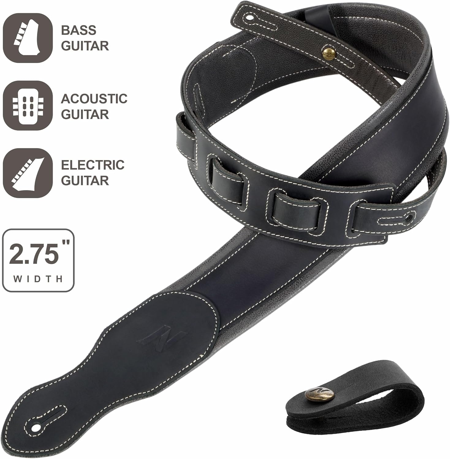 Nefelibata Guitar Strap 2.75", Double Thicken Full-Grain Leather Guitar Straps with Cable Storage Loop for Bass, Electric & Acoustic Guitar(Black)