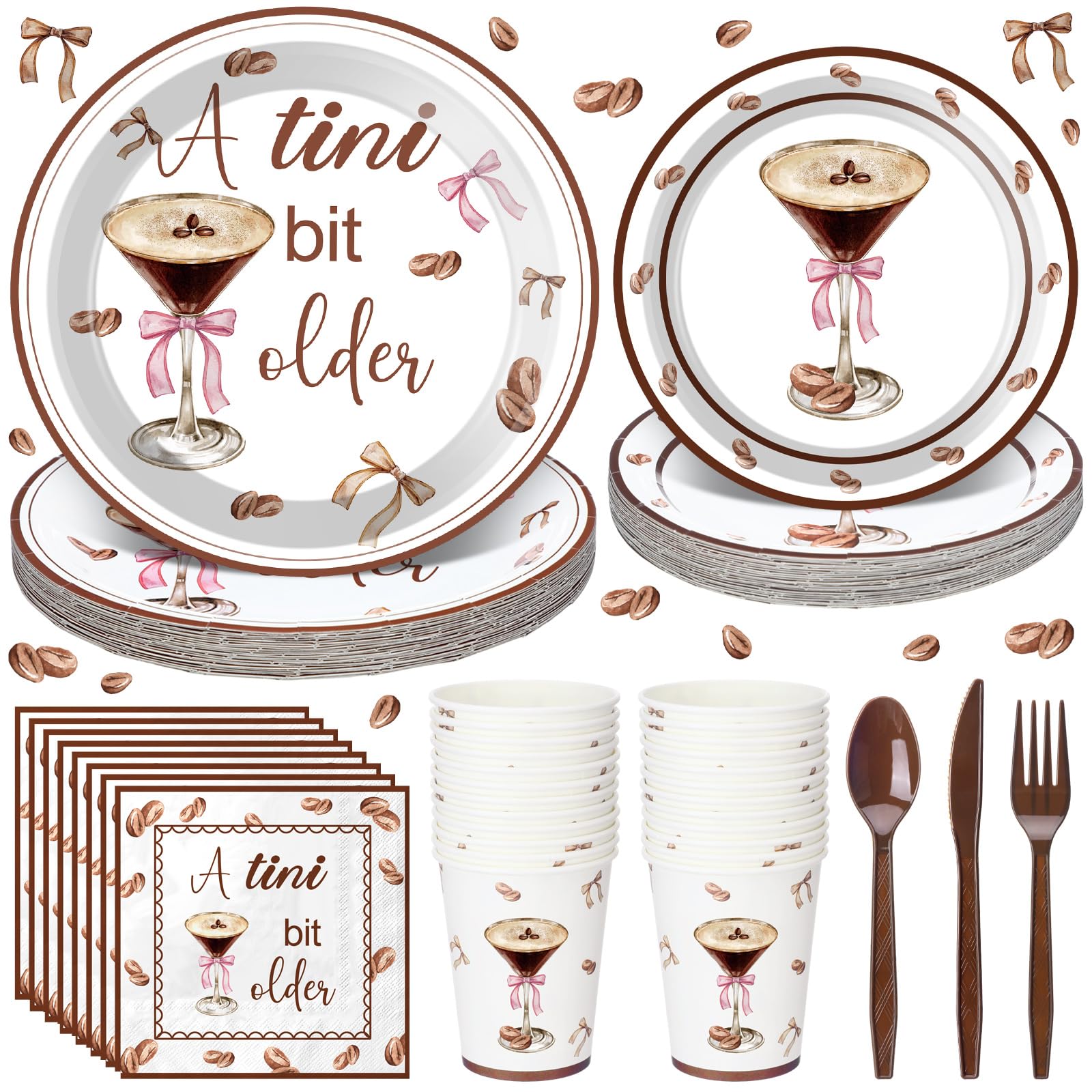Romooa 168 Pcs 24 Sets A Tini Bit Older Birthday Decoration, Espresso Martini Paper Plates Napkins and Cups, Espresso Dessert Party Tableware Set,