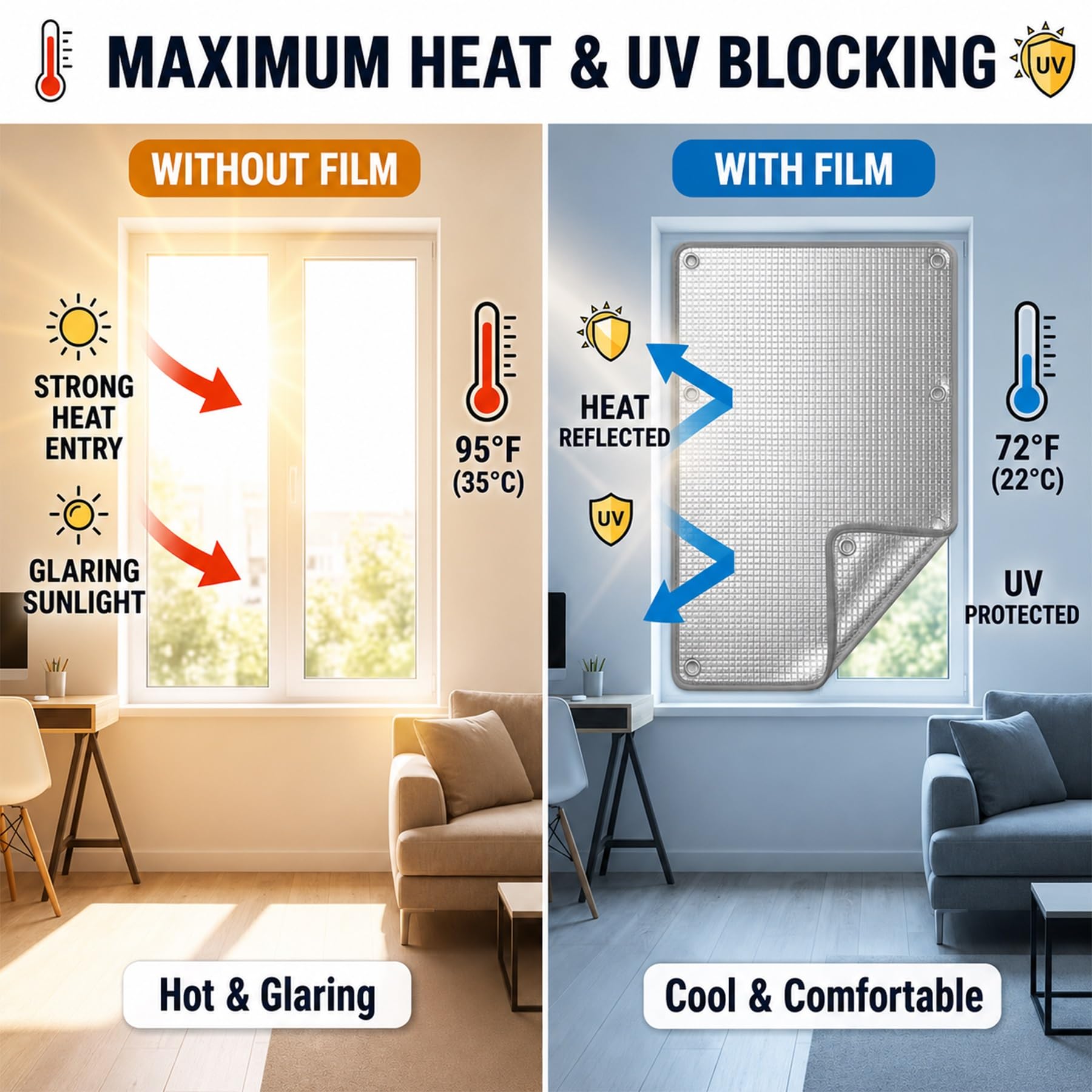 Film Fenêtre Anti Chaleur, Store Occultant Thermique à Ventouse | Isolation Thermique Et Anti-UV, 30-160cm, Ce Film Réfléchissant Offre Intimité avec Pose Facile Sans Perçage(65x180cm)