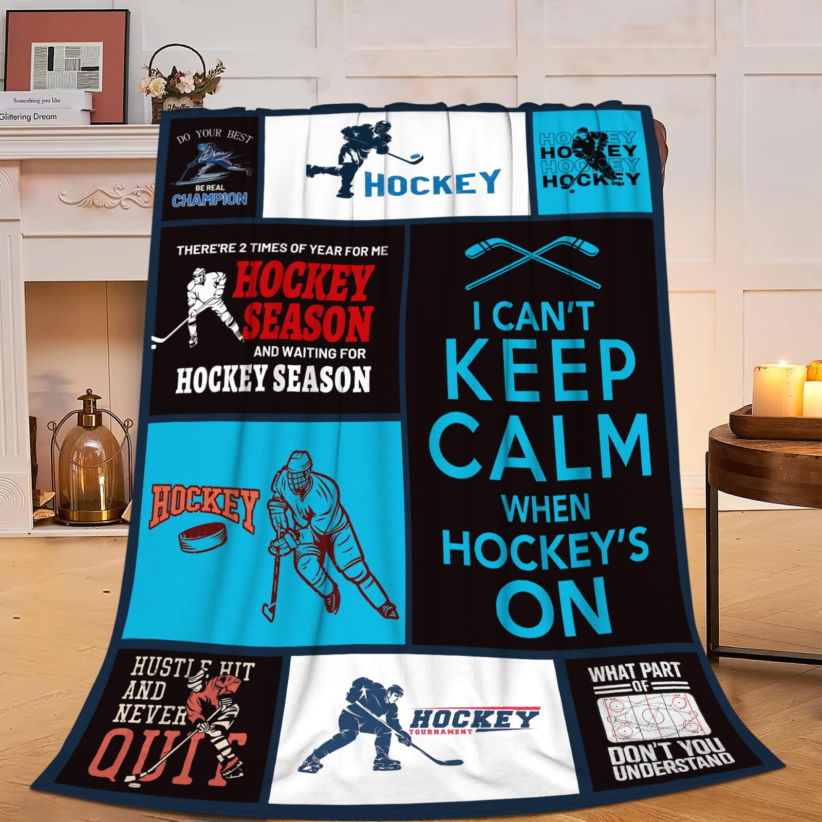Wosabee Men's Hockey Blanket Super Soft Warm Fleece Throw For Ice Lovers - Gift For Boys Kids Adults - Cozy Fluffy Plush Lightweight Flannel 50"X40"