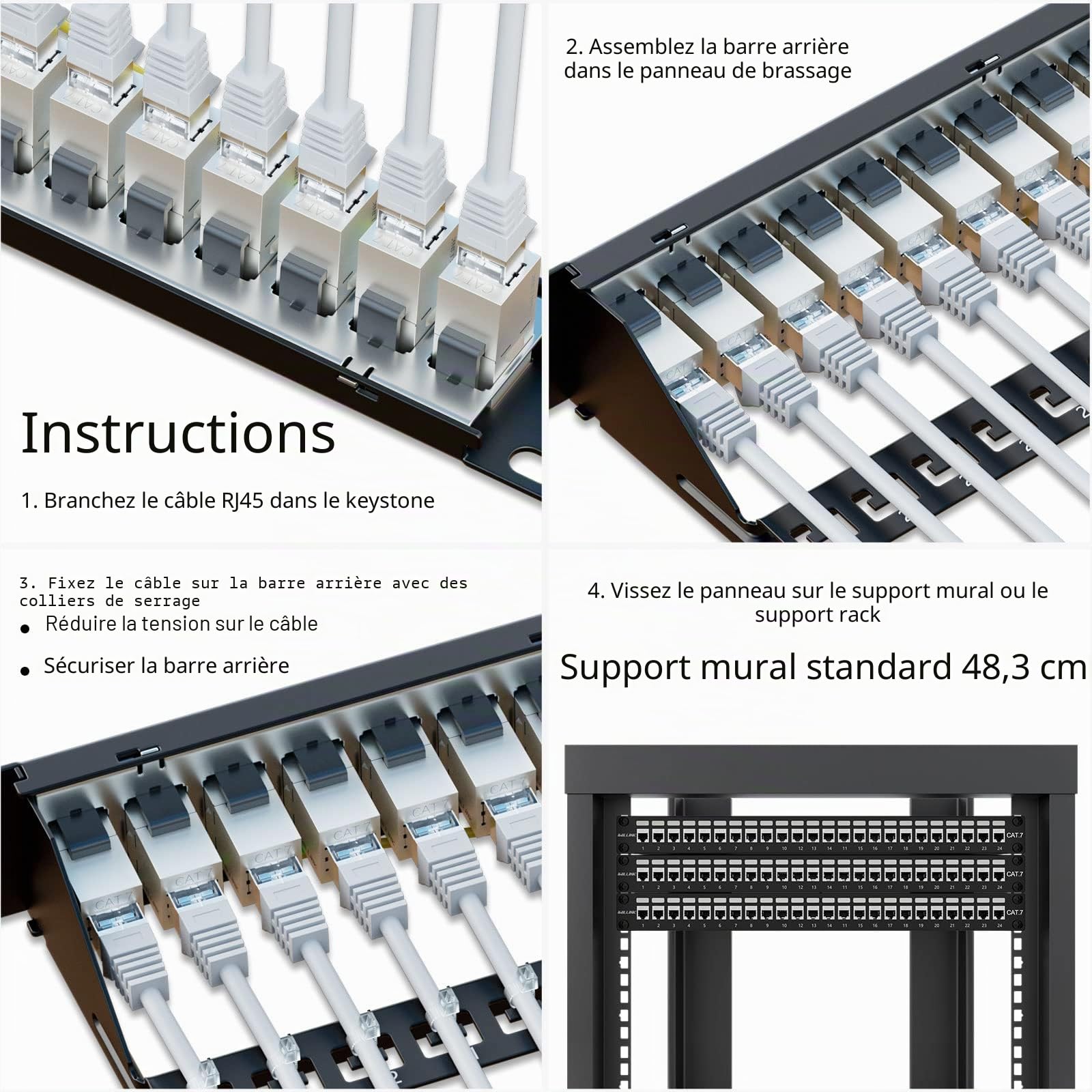 iwillink Coupleur RJ45 24 ports Cat7 1U blindé Panneau de brassage STP 48,3 cm avec barre arrière, support mural ou montage en rack, compatible avec câblage Cat5, Cat5e, Cat6, Cat7