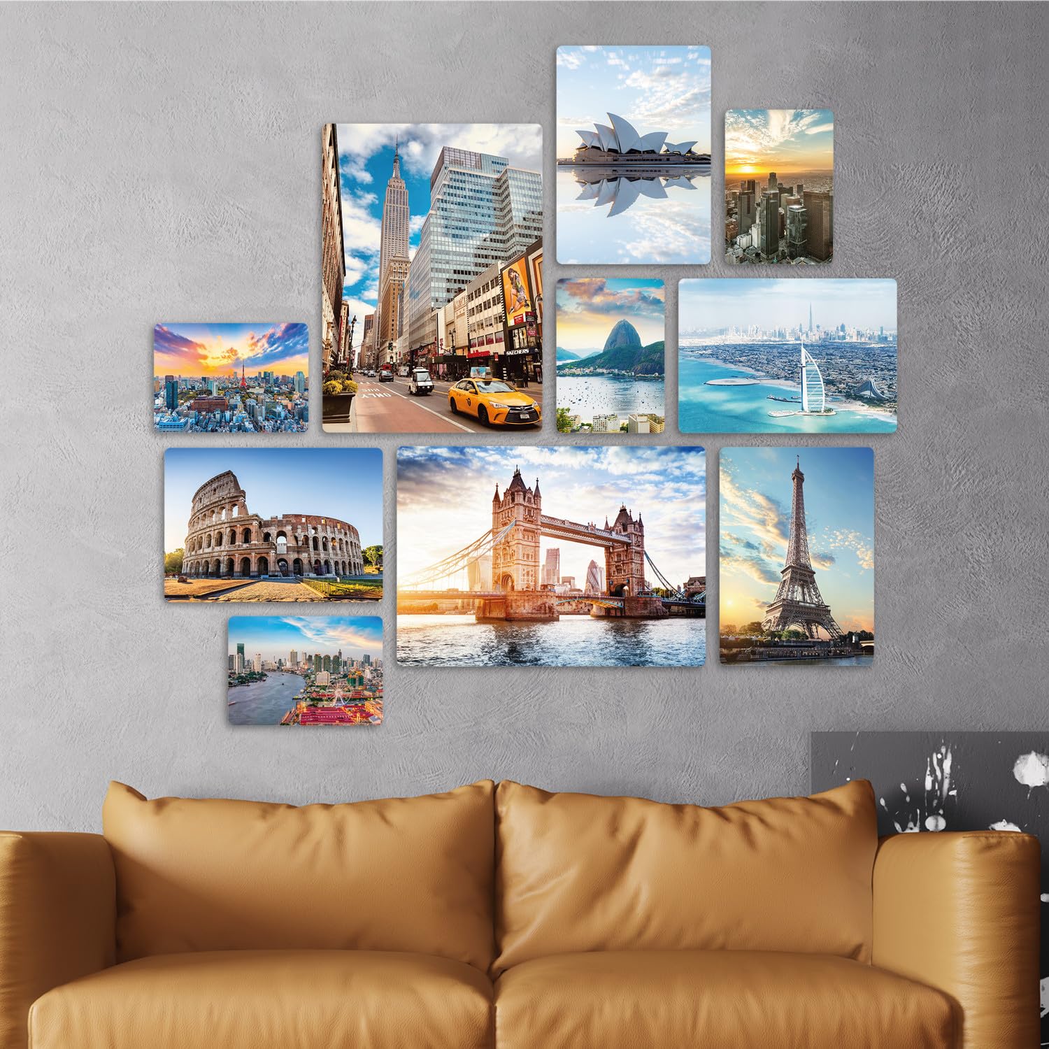 Giallobus - Ensemble de 10 peintures Multi-Panneaux - Città célèbre - Bois MDF - | 2 x 42x29,7cm | 4 x 29,7x21cm | 4 x 21x14,85cm | - Prêt à accrocher - Tableaux d'intérieur