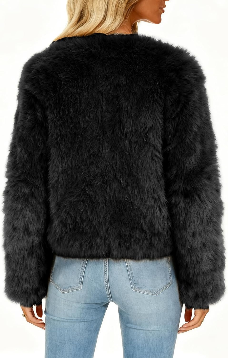 Funlingo Women's Faux Fur Coat Winter Warm Cropped Jacket Trendy Long Sleeve Crew Neck Zip Up Outerwear - Image 4