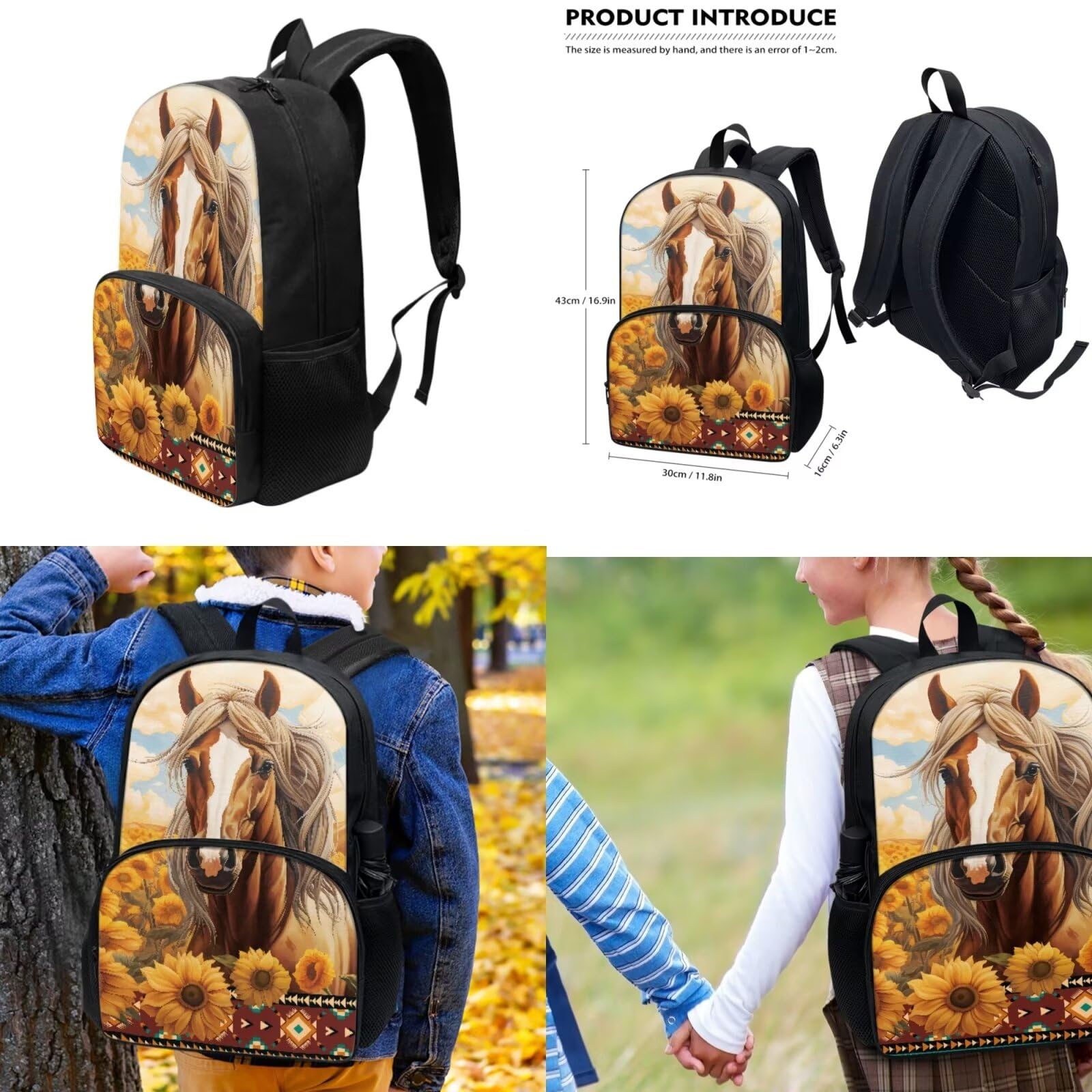 COEQINE Juego de 4 bolsas para libros para estudiantes de 8 a 12 estudiantes, botellas de agua aislantes, lonchera, para adolescentes, escuela secundaria, estuche para lápices, Girasol caballo azteca