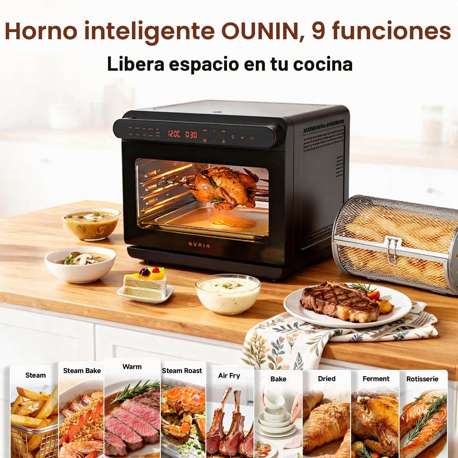 OUNIN 24L Horno Multifunción, 11 en 1 Horno con Freidora de Aire, Cocción en Doble Capa, Aire Caliente 360°, 1600W, Para Calamares Fritos, Croquetas Fritas, Chuletas de Cordero Asadas y Pan Horneado