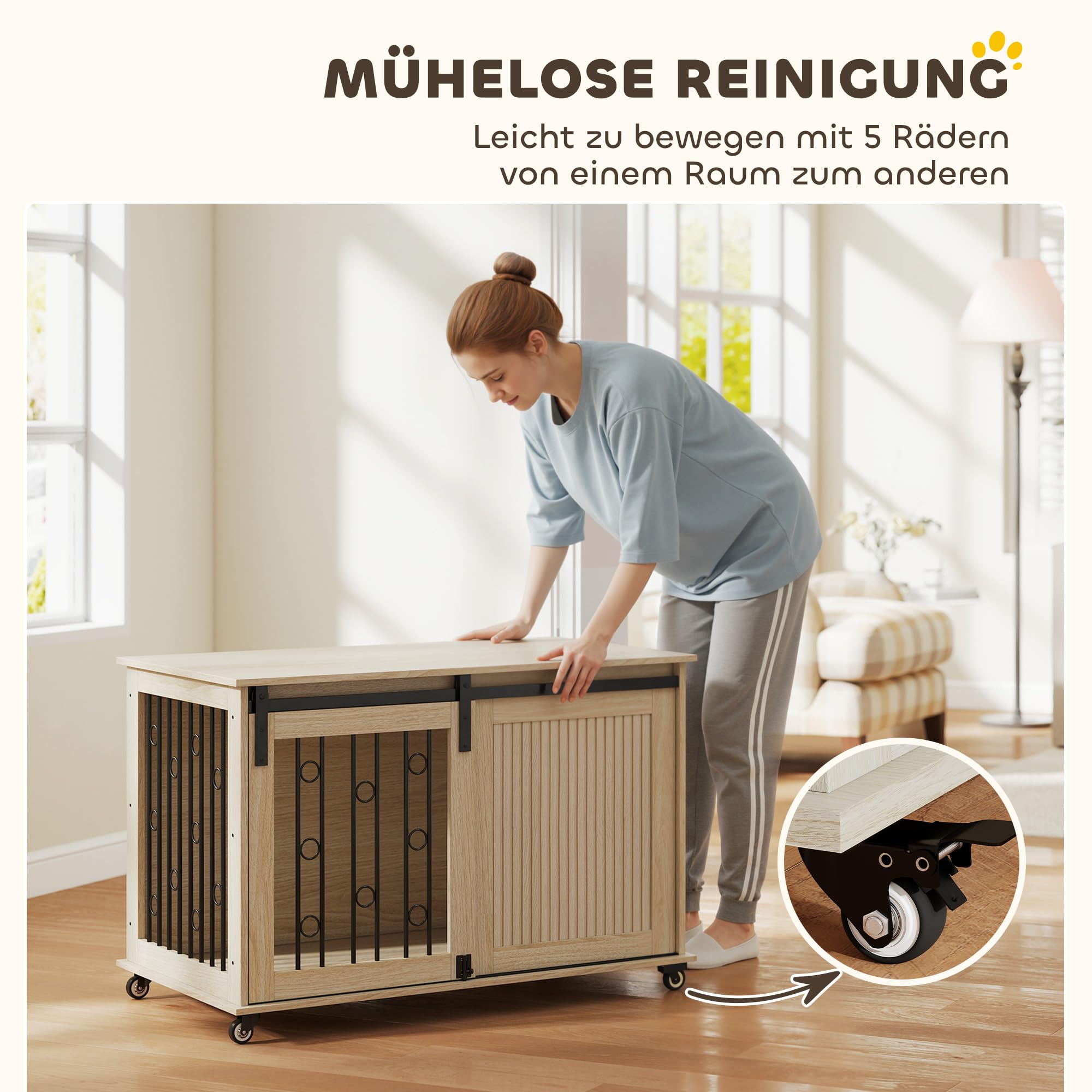 PawHut Hundekäfig Möbel Hundekäfig für Zuhause 100 cm Hundebox mit Rollen, Schiebetür, Seitentür Abschließbare Hundehütte für Mittelgroße, Große Hunde, Eiche