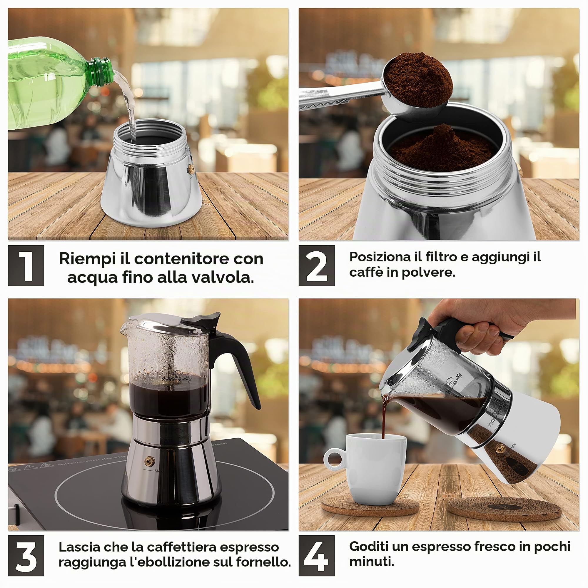 Caffettiera,Vetro + Acciaio Inossidabile,240 ml,per 4 tazze,18.5x14 cm, elettrico + induzione,con cucchiaio da porzionamento + 3 sottobicchieri in sughero