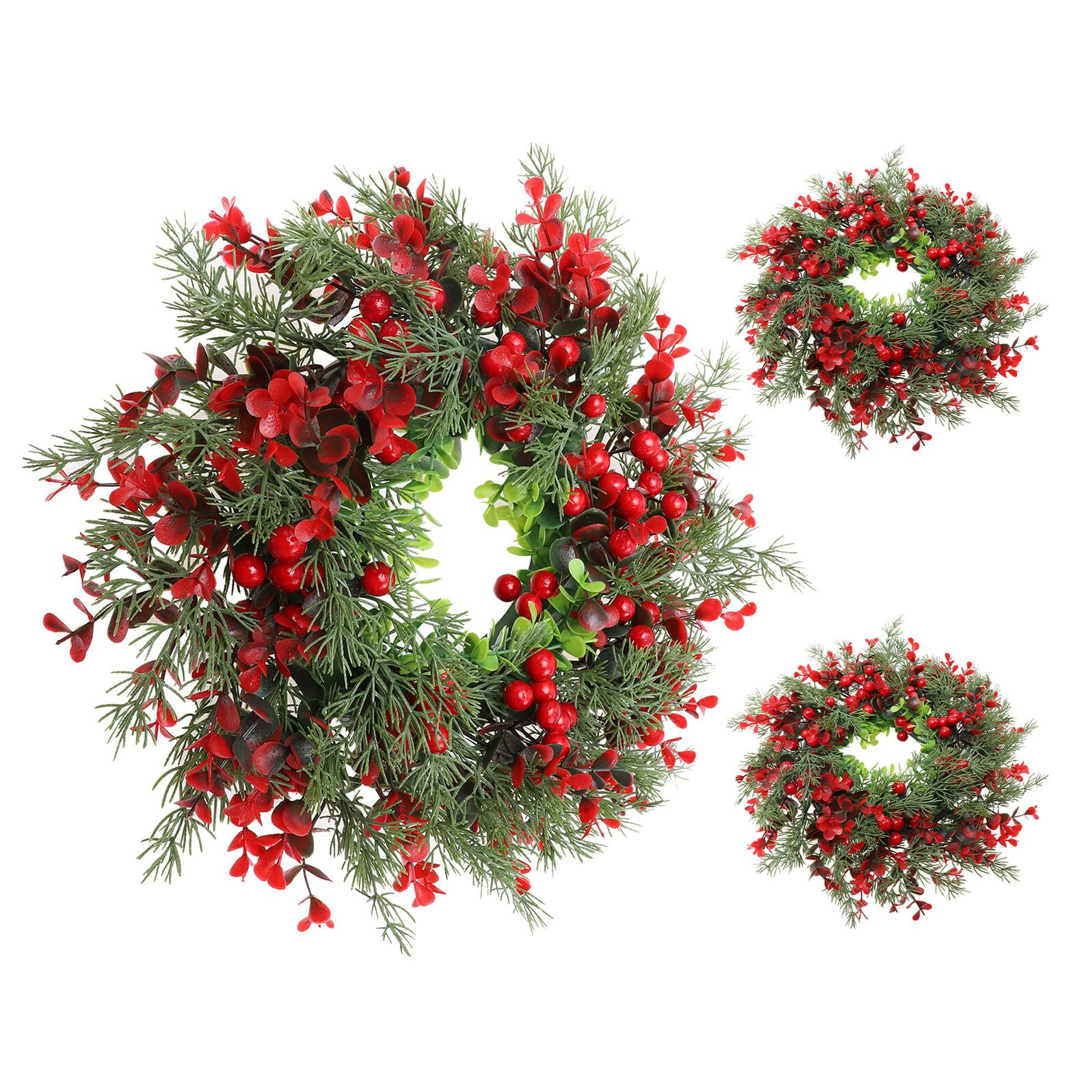 Guirnalda Navideña Artificial 3 Piezas Bayas Rojas y Hojas de Eucalipto, Colgador Decorativo para Puerta de Granja, Ventana y Chimenea, Decoración de Navidad Realista Resistente
