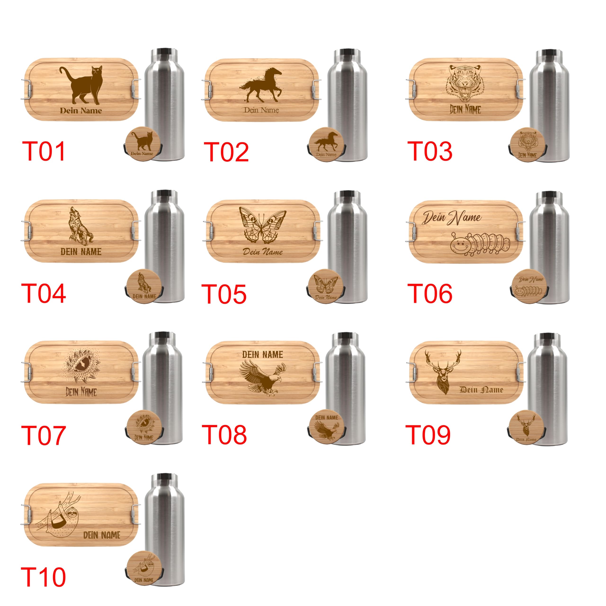 Brotdose und Trinkflasche personalisiert, Brotdose Kinder personalisiert, Trinkflasche personalisiert, Lunchbox Trinkflasche mit Namen, Pausen - Set (Flasche 500 ml, Lunchbox Weissblech 700 ml)
