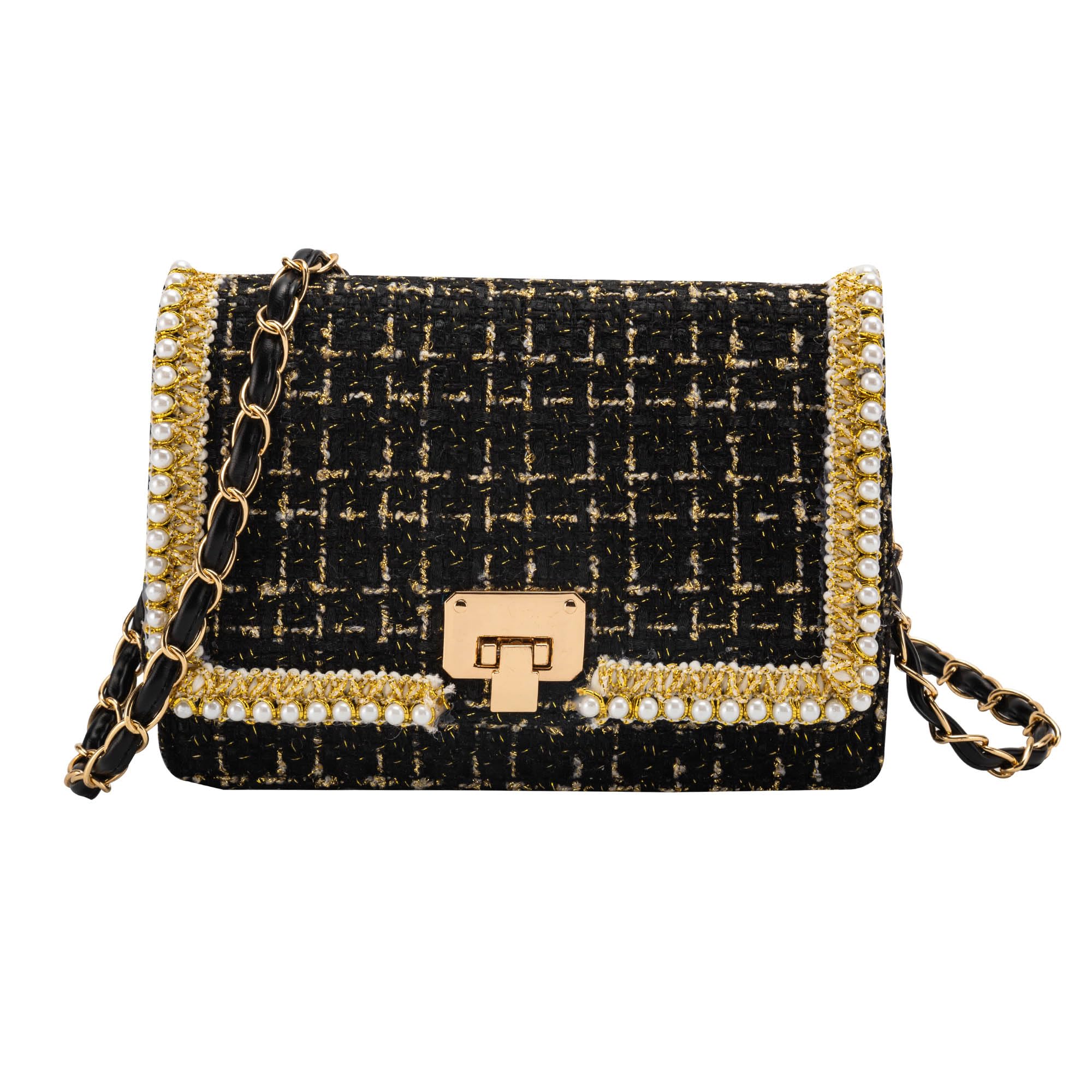 FGJKKK Shoulder Bag Chain Purse for Women, Retro Tweed Pearl Clutch Crossbody Bag Underarm Evening Bag Square Handbag Satchel (black-1)