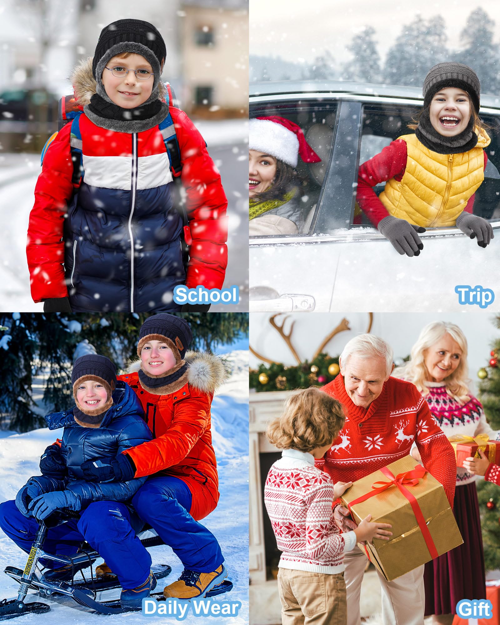 Liitrsh Wintermütze, Handschuh-Schal, Sets für Kinder, inkl. Strickmütze, Beanie, winddicht, Totenkopfkappe, Touchscreen-Handschuhe, Halswärmer, kaltes Wetter, Sets für Jungen, 5–14 Jahre, 4 Stück