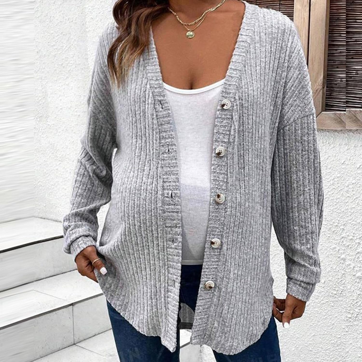 Women's Maternity Long Sleeve Shirt Ribbed Knit Nursing Tee Tops Button Down Shirt Loose Fit Tunic Sweater Cardigan