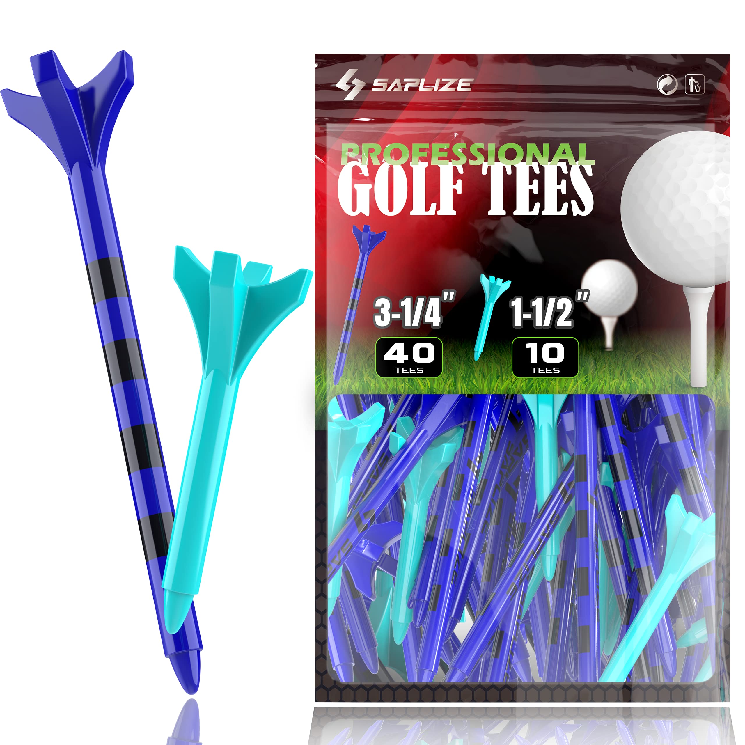 SAPLIZEDurable Plastic Golf Tees Pack of 50/100 (3-1/4"& 2-3/4"& 1-1/2" Available) Reduces Friction & Side Spin 4 Prongs Plastic Tees