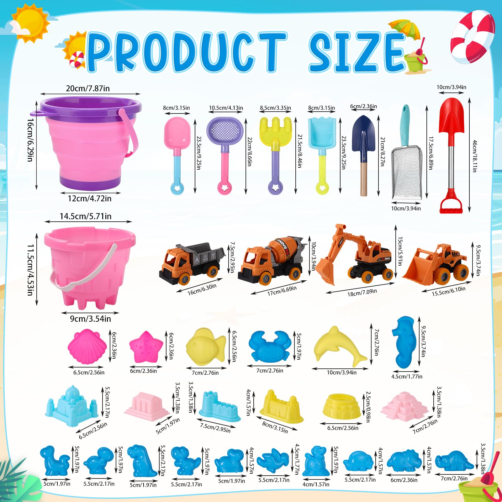 Beach Toys Sandspielzeug, 36 Teile mit 4 Baufahrzeugen, faltbarer Strandeimer, 2 Schlosswürfel, 1 Stück, Sandburg, Schaufelset