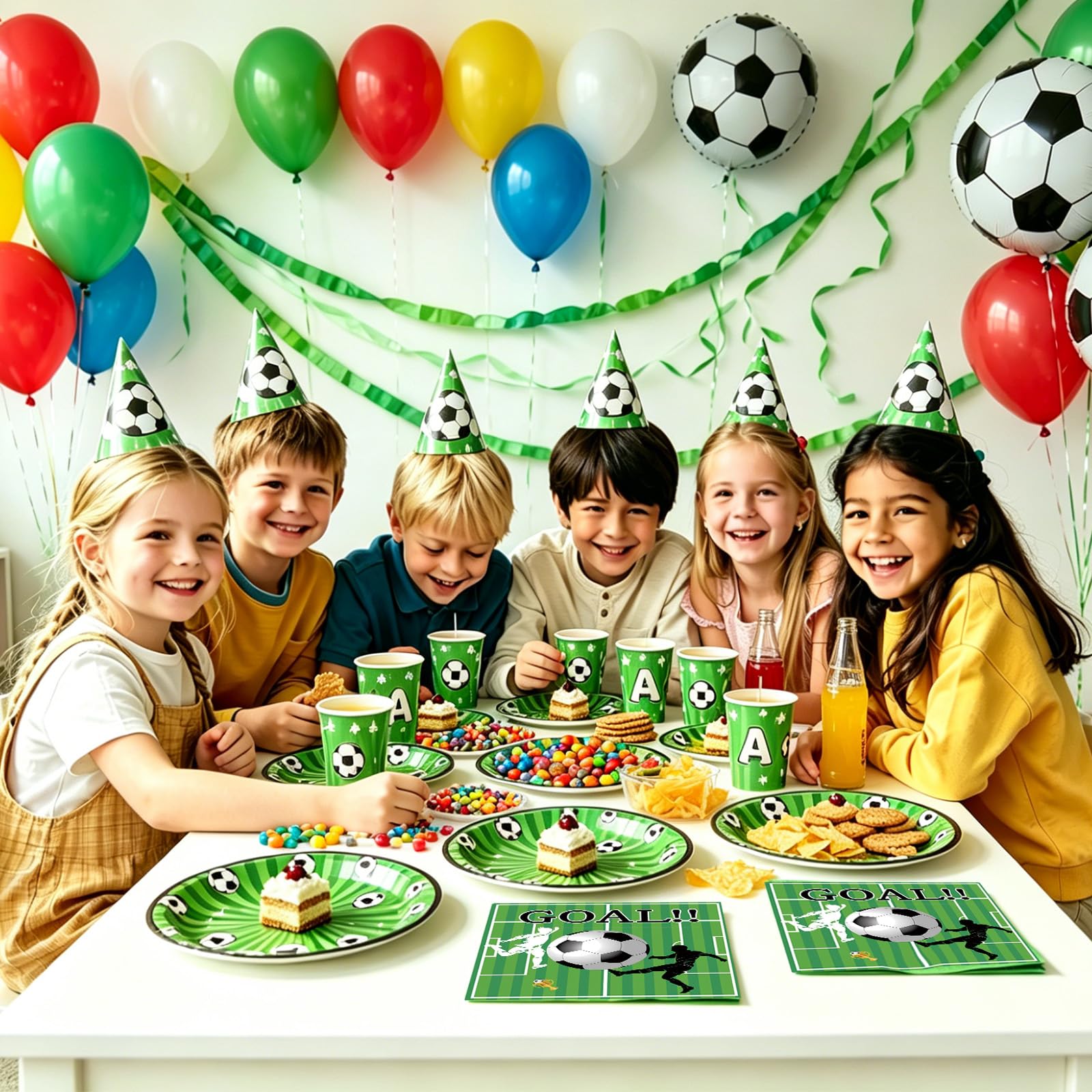Eymobad Set da 50 pezzi di stoviglie per festa di calcio, piatti verdi calcio, piatti,bicchieri,tovaglioli di carta, stoviglie deco compleanno per ragazze e ragazzi