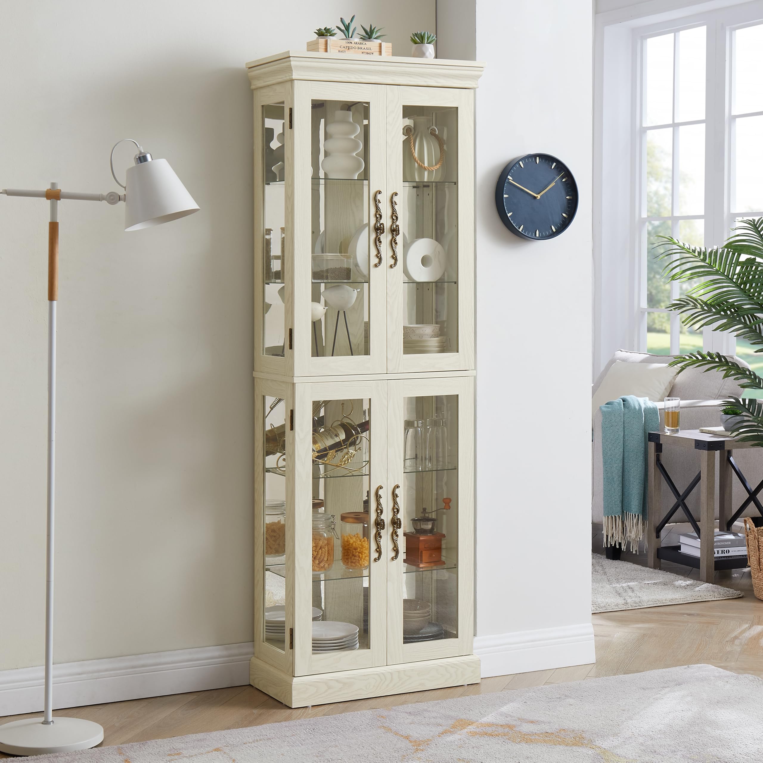 YiaFurio Lighted Display Cabinet Corner,Glass Curio Cabinet with Lights & Adjustable Shelves for Kitchen,Living Room,Office(Free Standing,Light Bulb